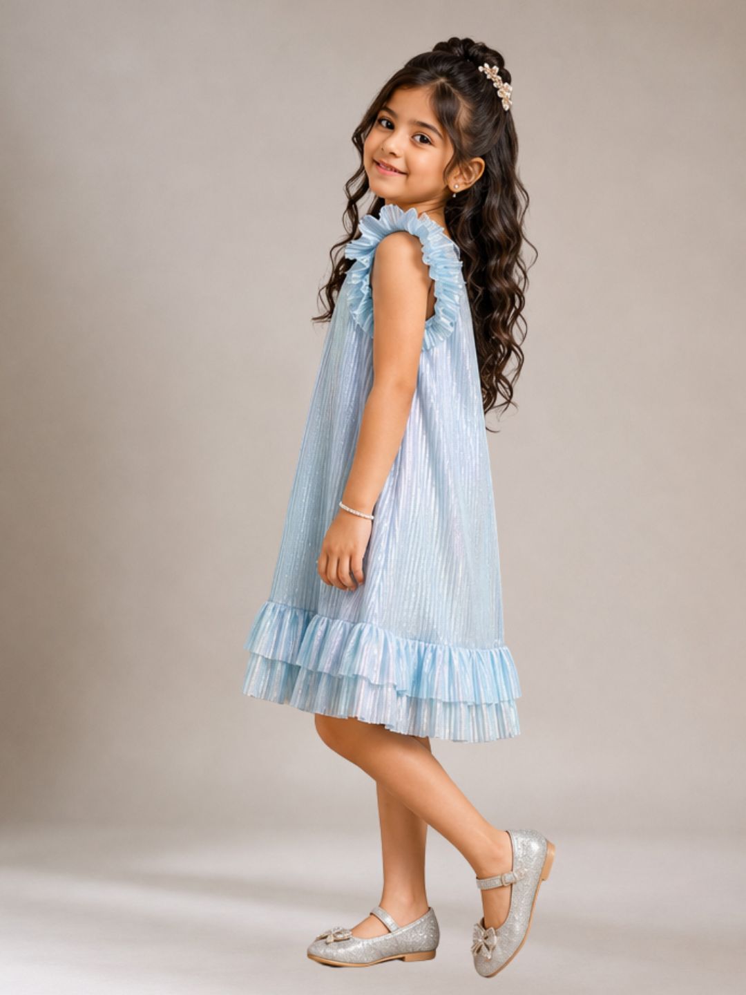 Girls Poly Knit Pleated Solid Party Dress