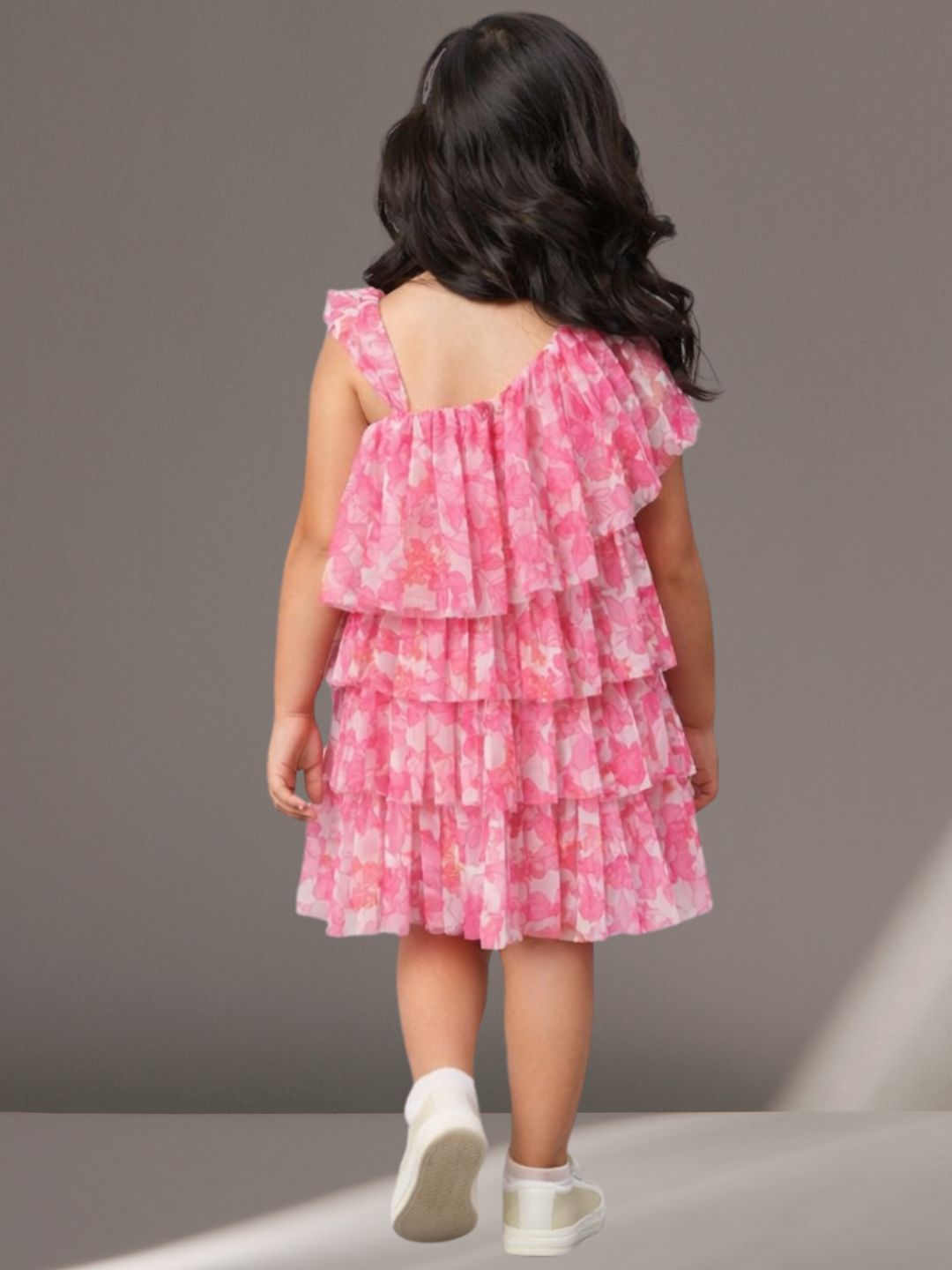 Kids Net Sleeveless 3 Layer Printed Dress