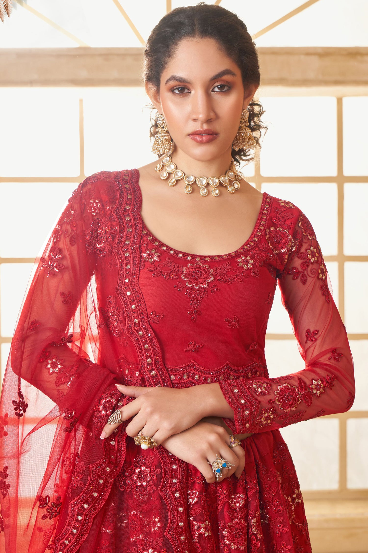 Red Heavy Net Lehenga Choli