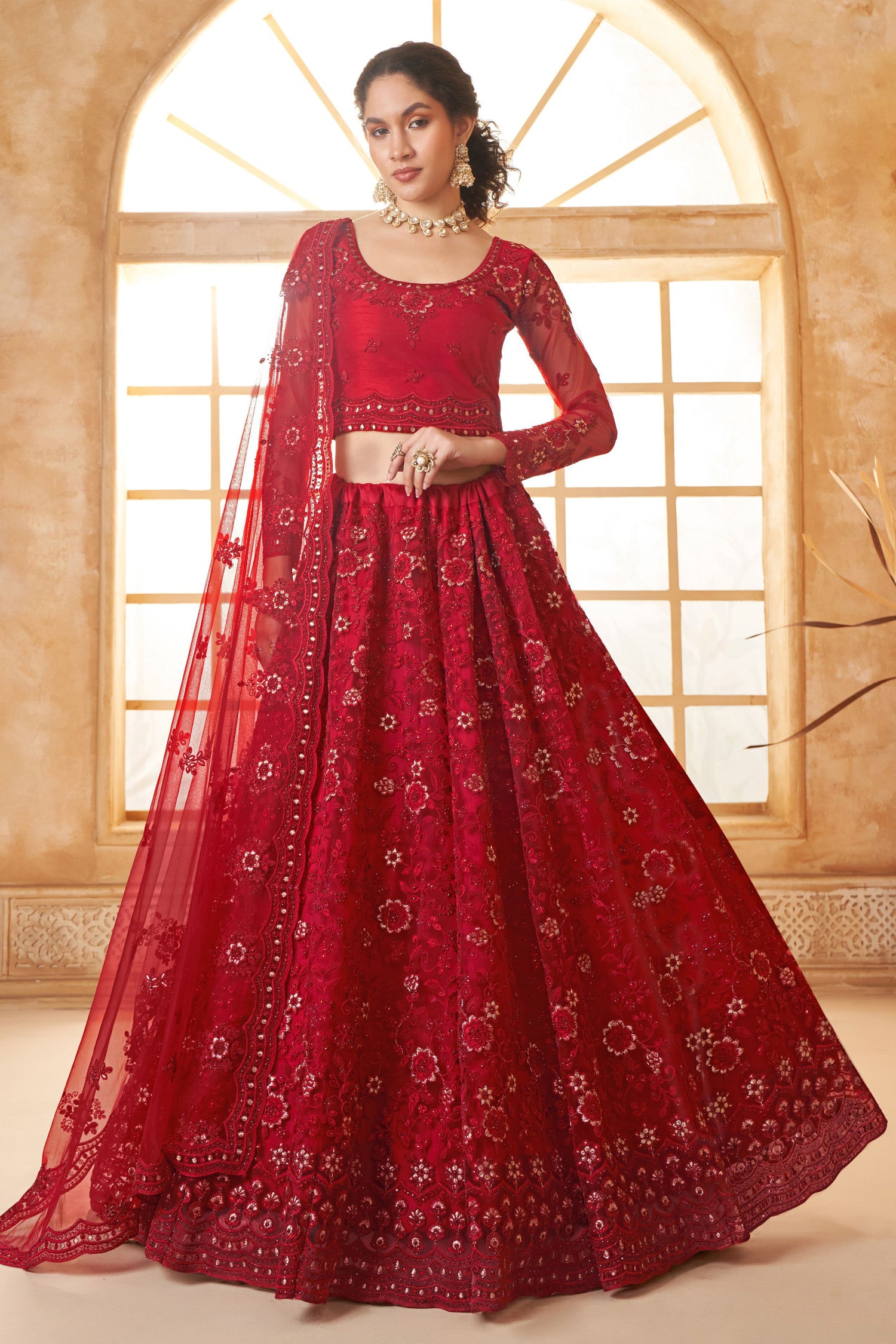 Red Heavy Net Lehenga Choli