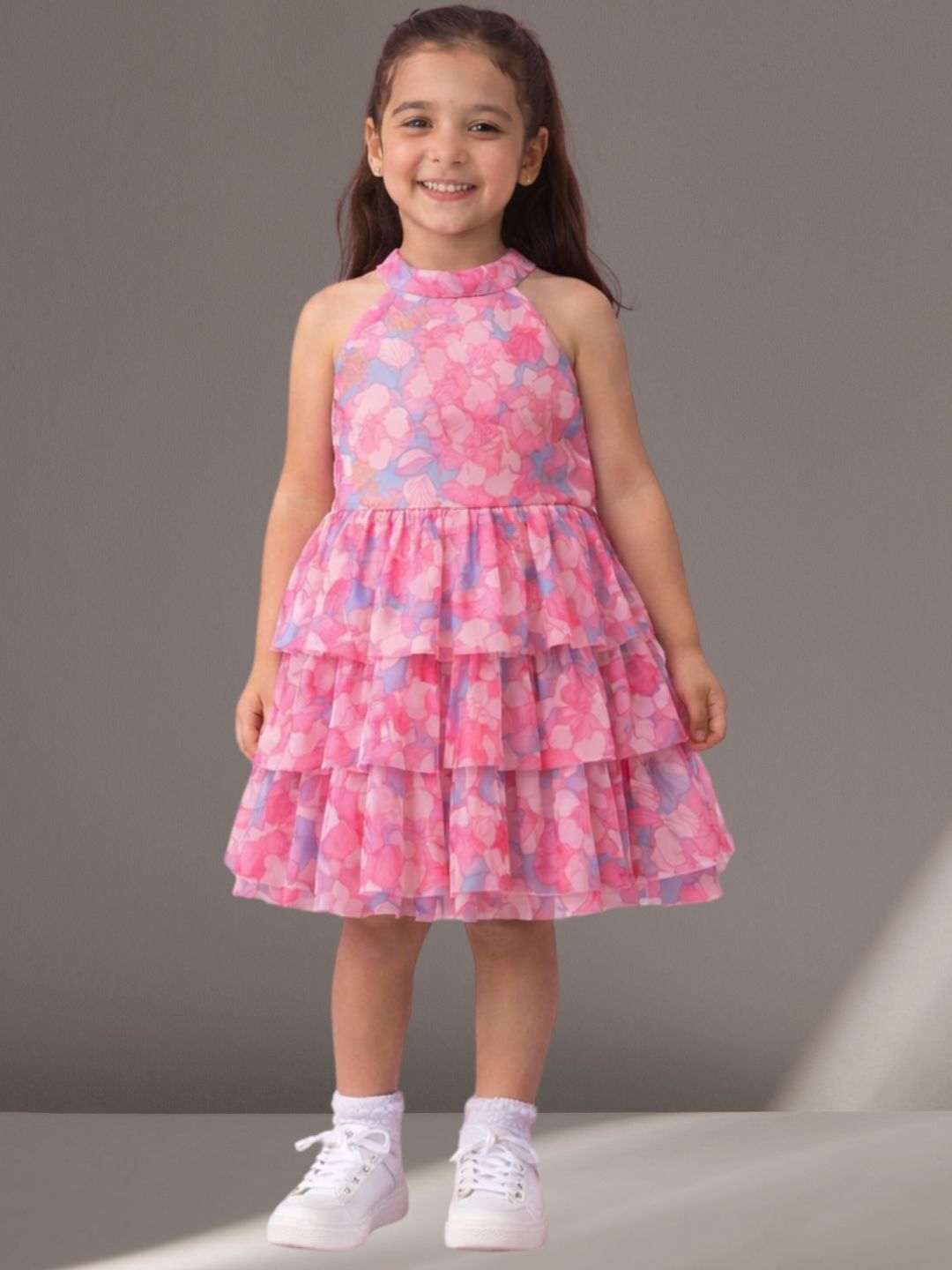 Girls Trendy Net Printed 3 Layer Dress