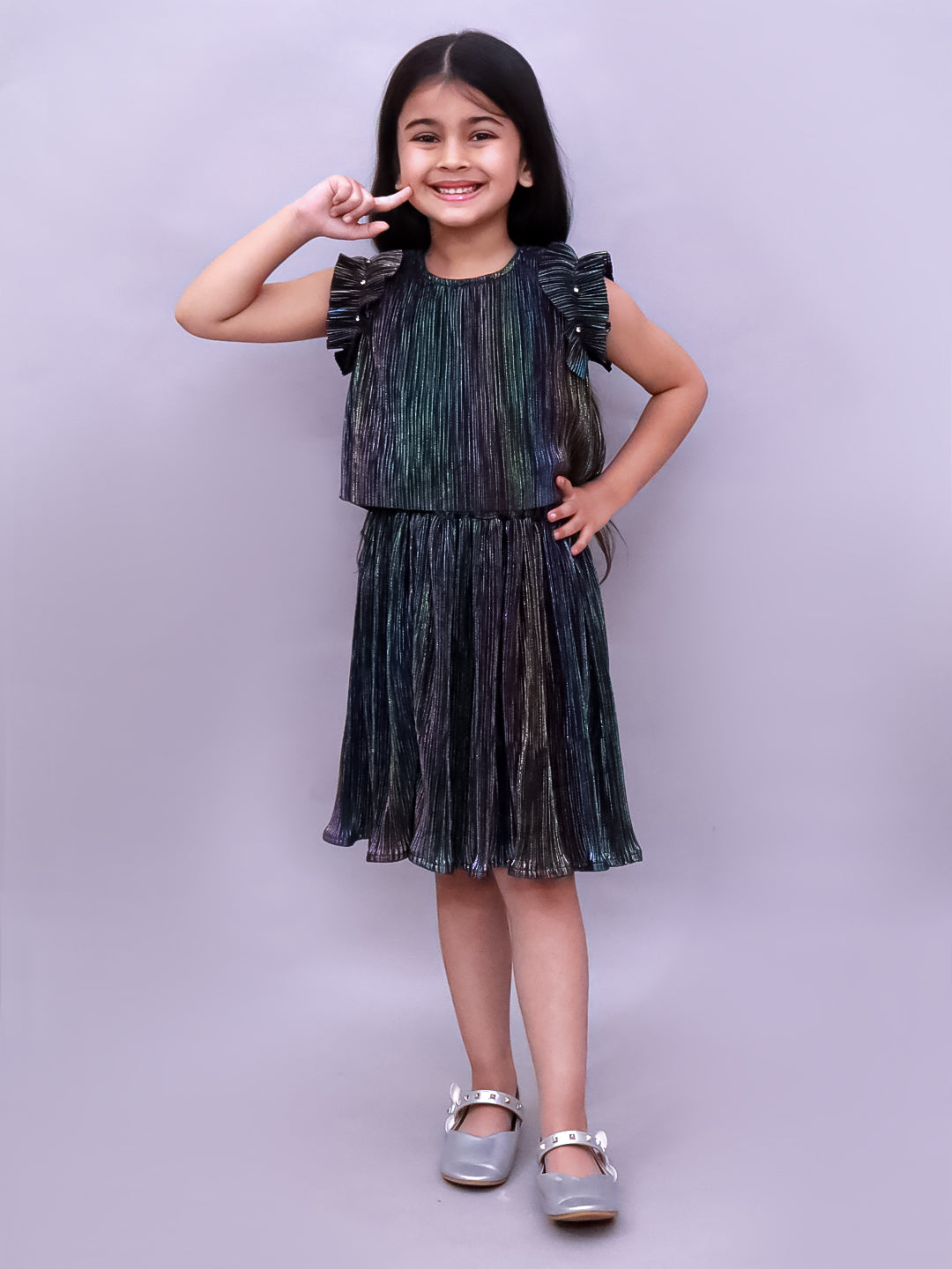 Kids Poly Knit Frill Sleeve Pleated Top And Skirt Set