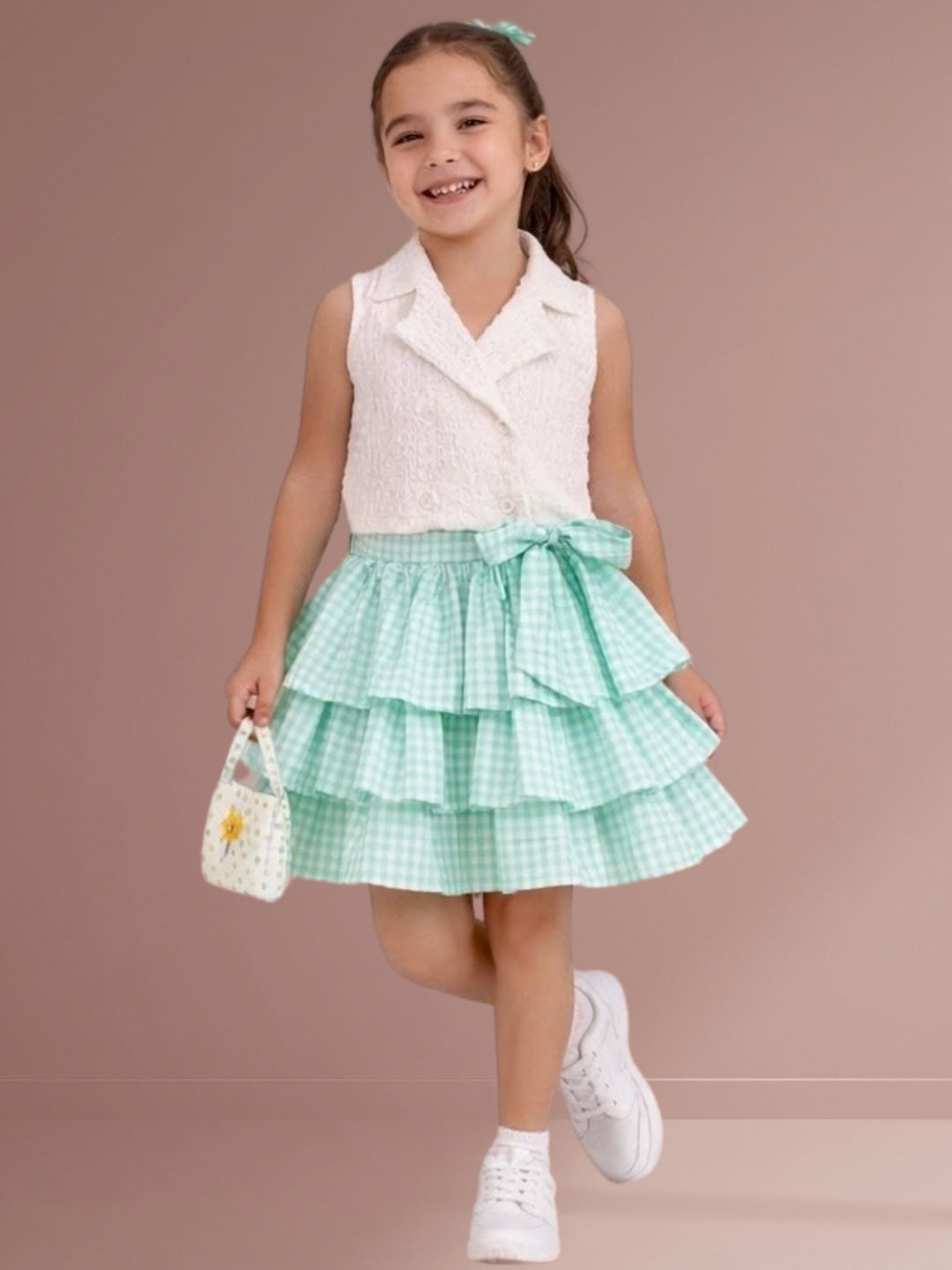 Girls Designer Sleeveless Top With Layered Print Skirt