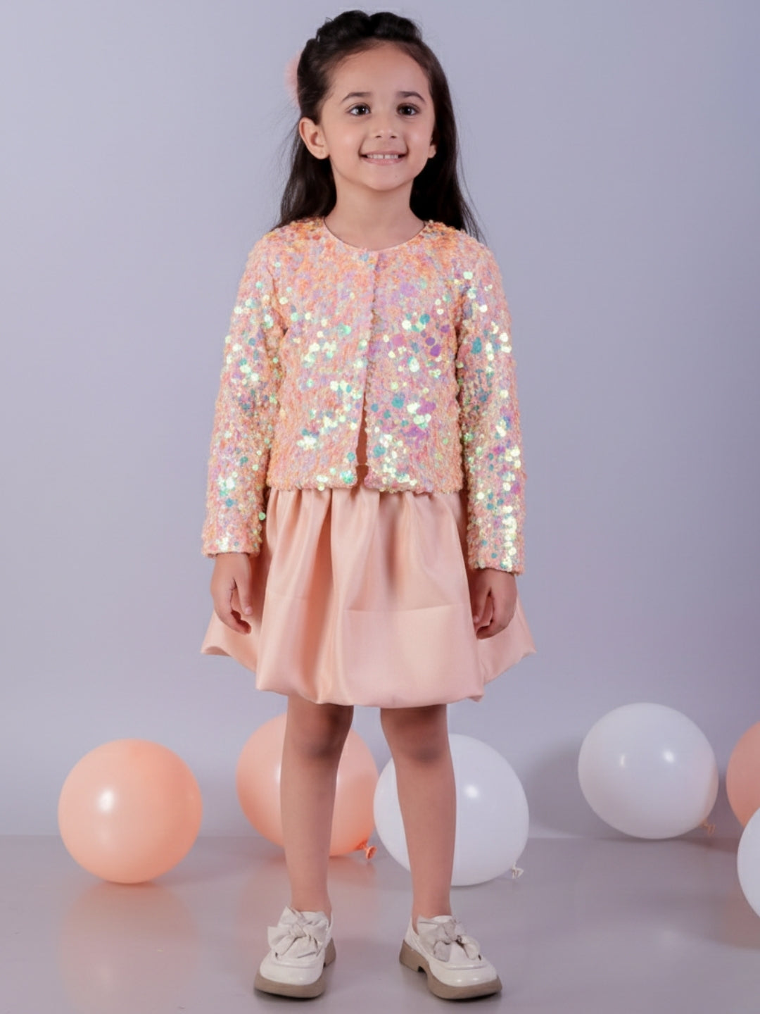 Girls Full Sleeve Sequin Jacket And Balloon Skirt