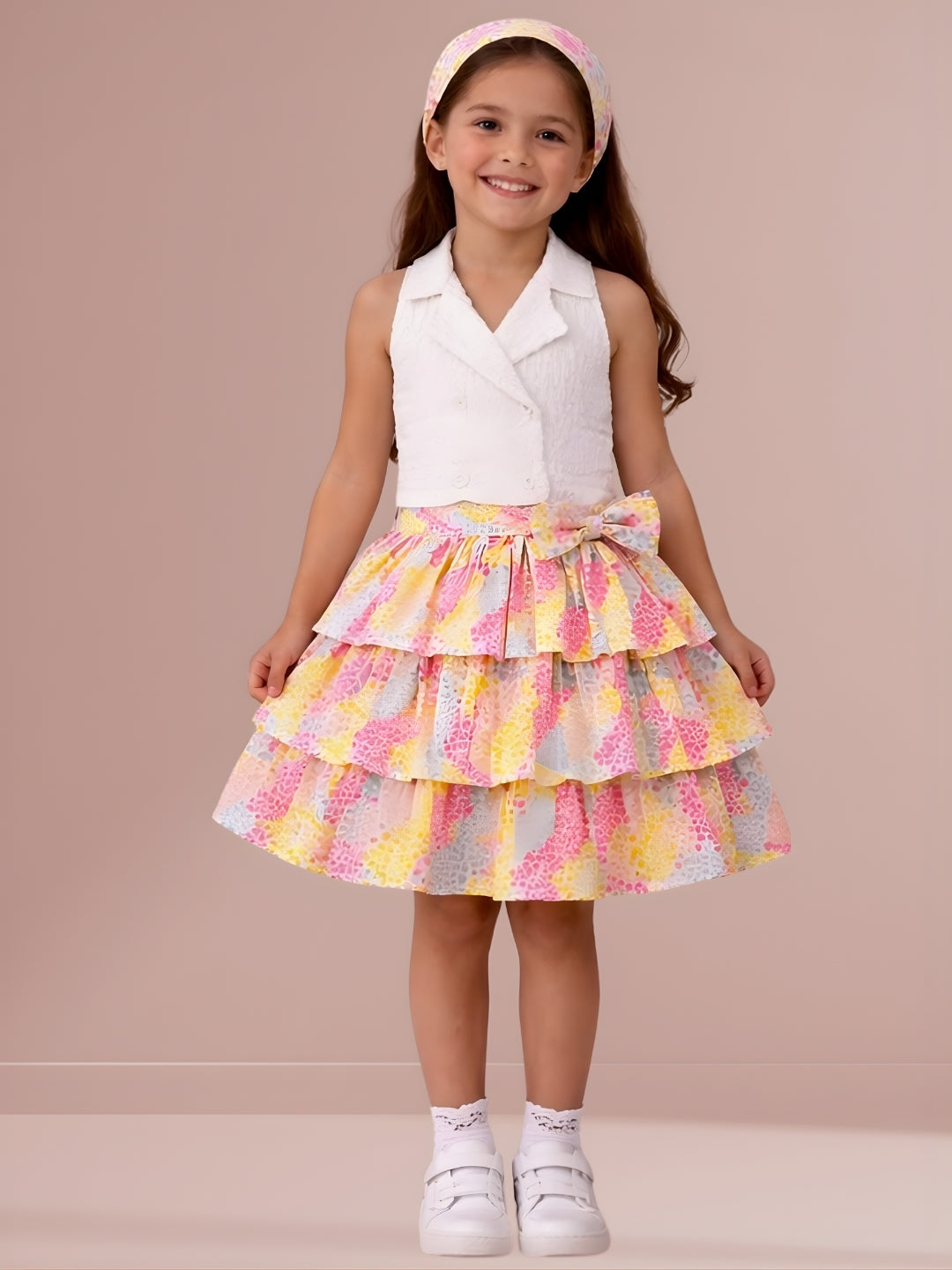 Girls Cotton Sleeveless Top With Layered Printed Skirt