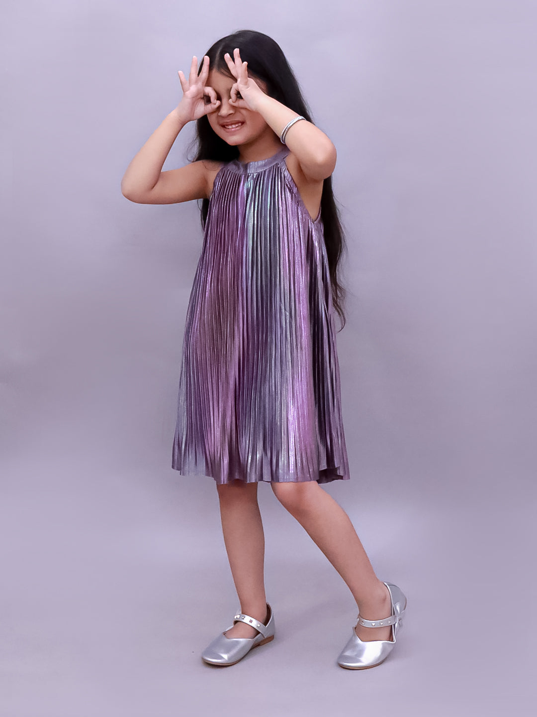 Girls Stylish Poly Knit Sleeveless Pleated Dress