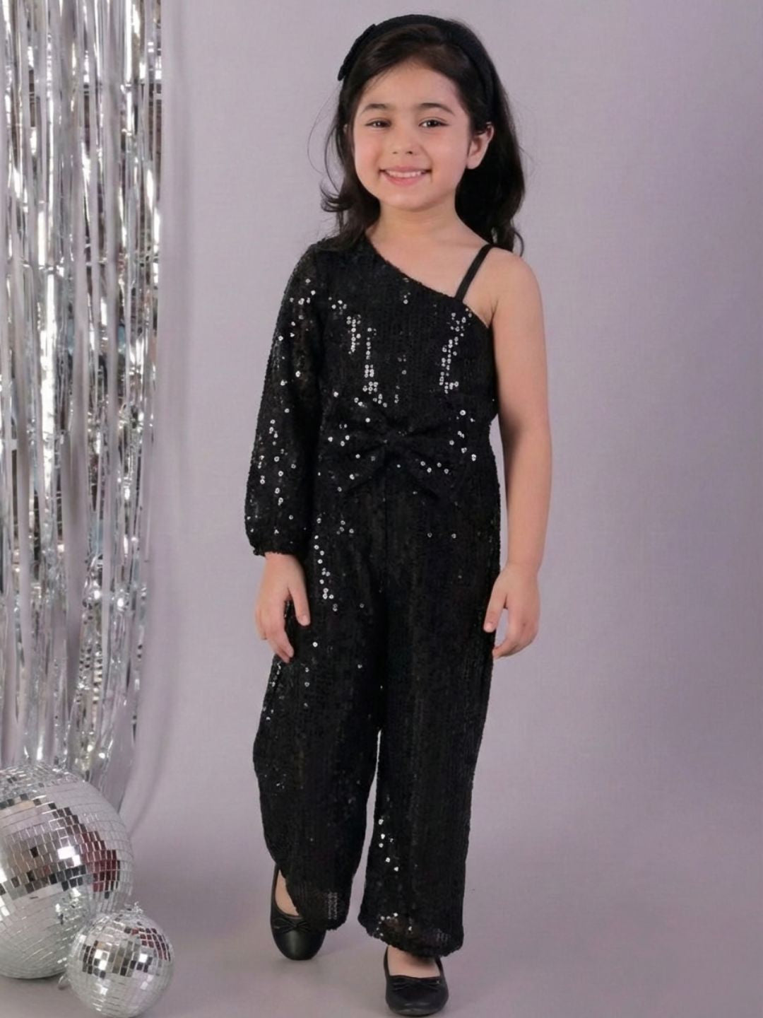 Girls Sequins Full Sleeve Designer Bow Jumpsuit