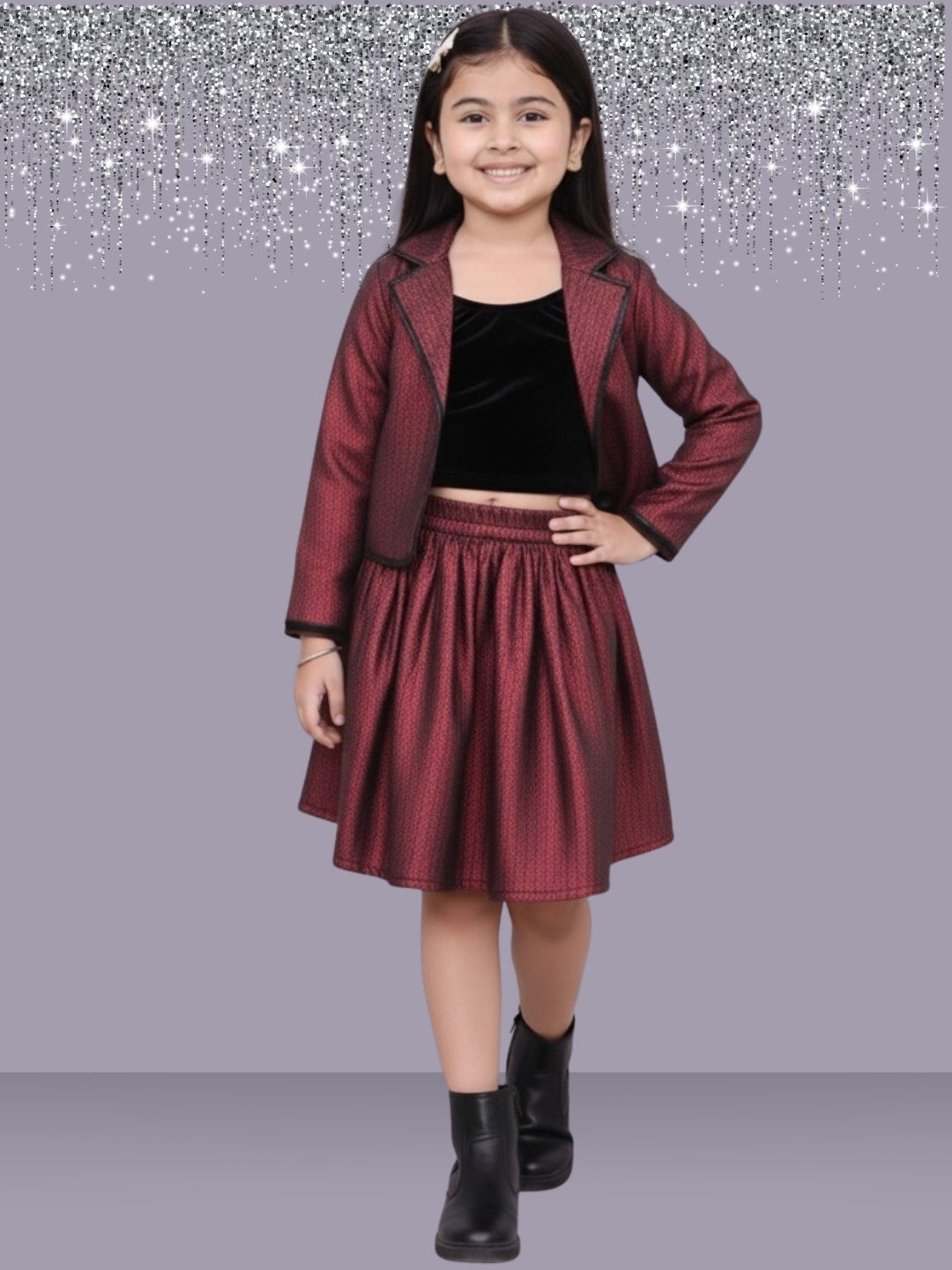Girls Designer Jacquard Jacket With Solid Skirt