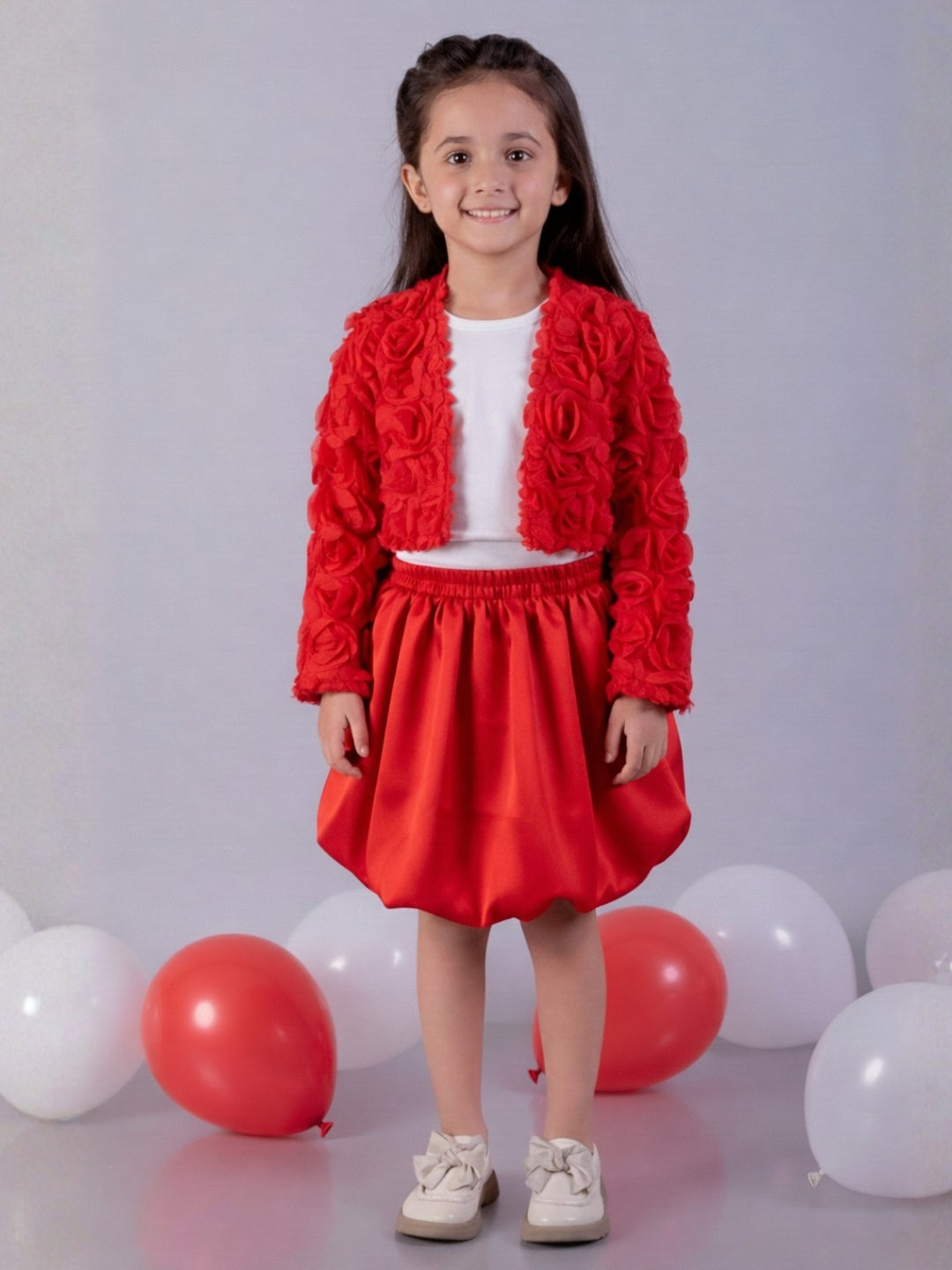 Girls 3D Full Sleeve Top With Solid Balloon Skirt Set