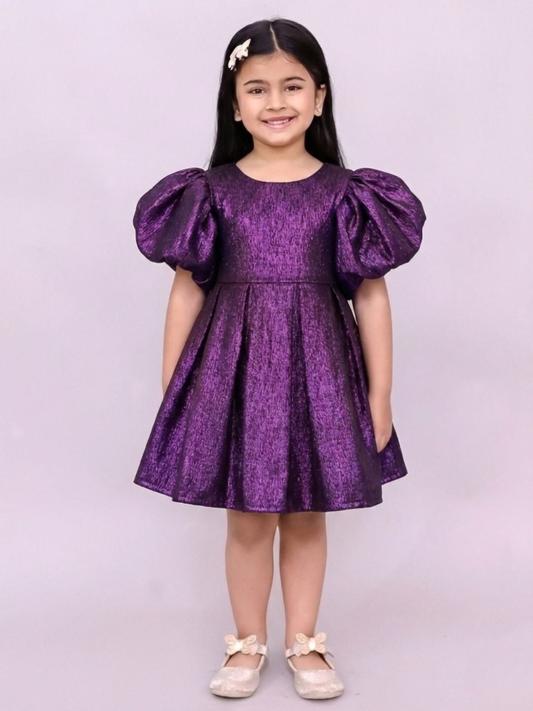 Girls Stylish Jacquard Puff Sleeves Celebration Dress