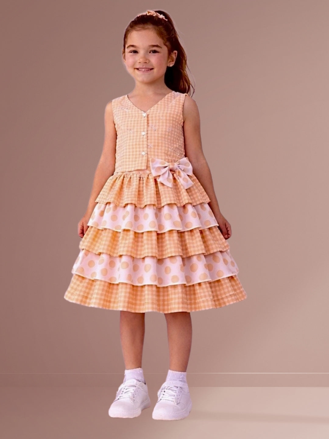 Girls Cotton Sleeveless Checks Top With Printed Skirt
