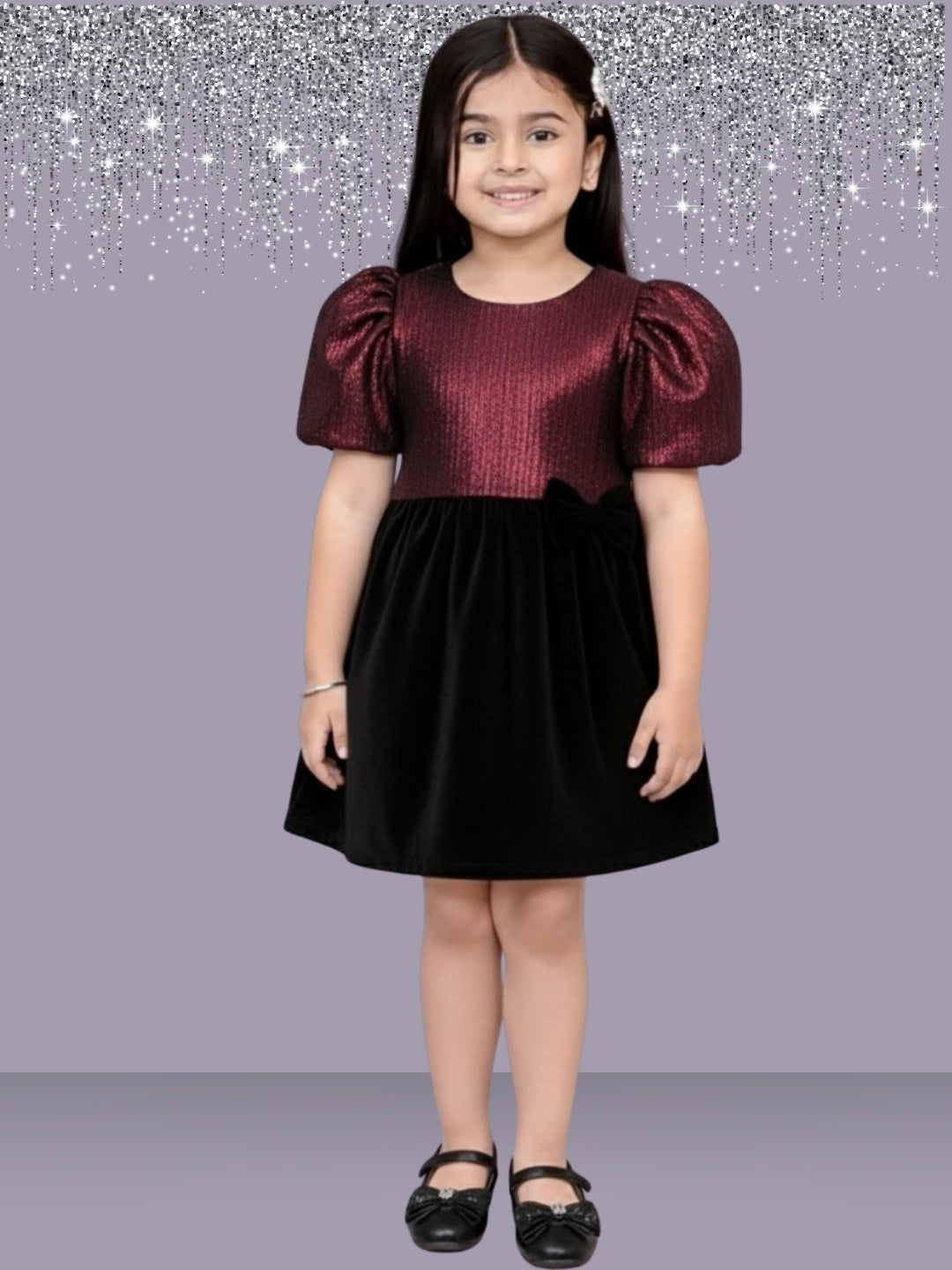 Kids Designer Jacquard Puff Sleeve Velvet Skirt Set