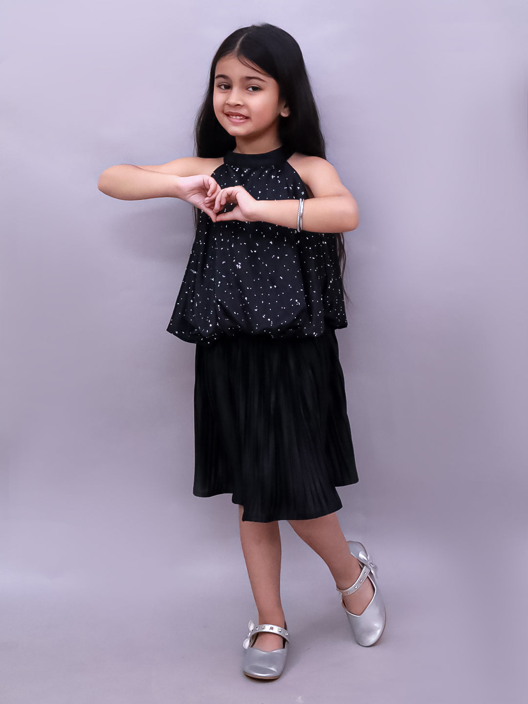 Kids Stylish Poly Knit Top And Pleated Skirt