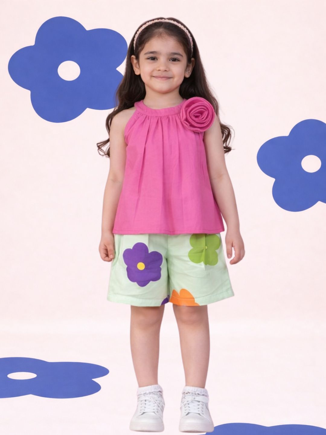 Girls Designer Solid Top With Printed Skirt