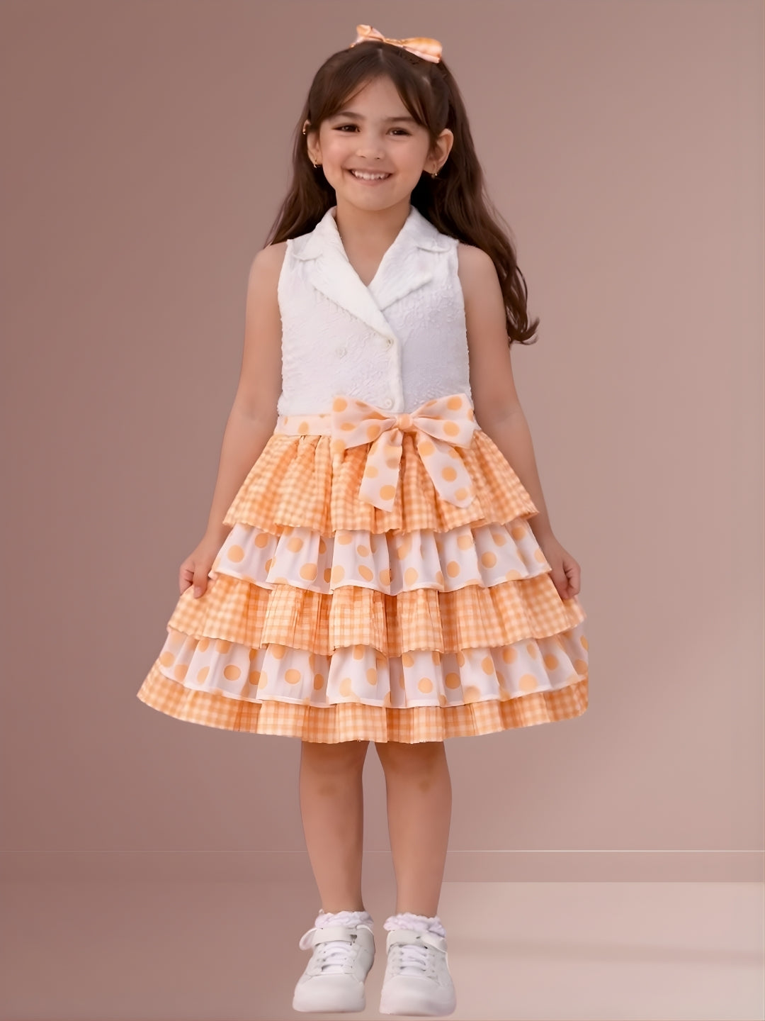 Girls Designer Sleeveless Top With Printed Layered Skirt