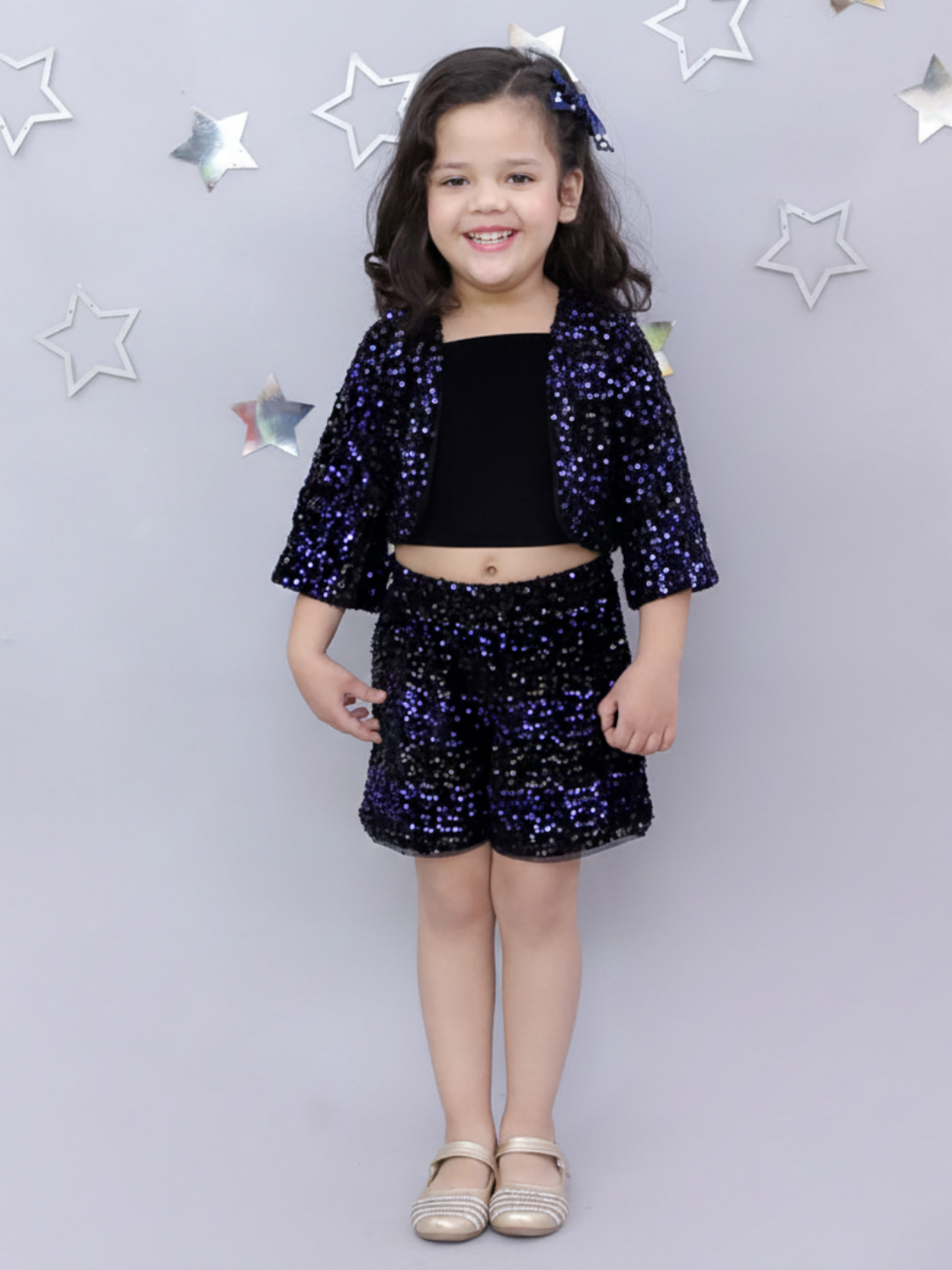 Trendy Girls Navy Blue Embellished Jacket Bustier And Shorts Outfit