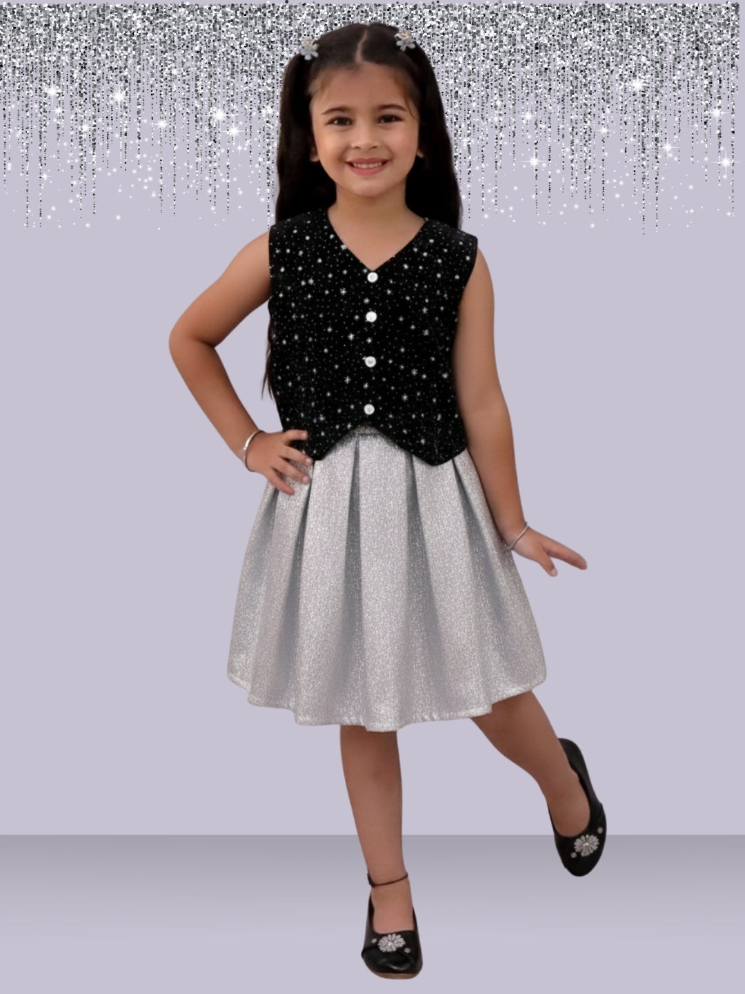 Kids Velvet Sleeveless Star Print Top With Jacquard Skirt
