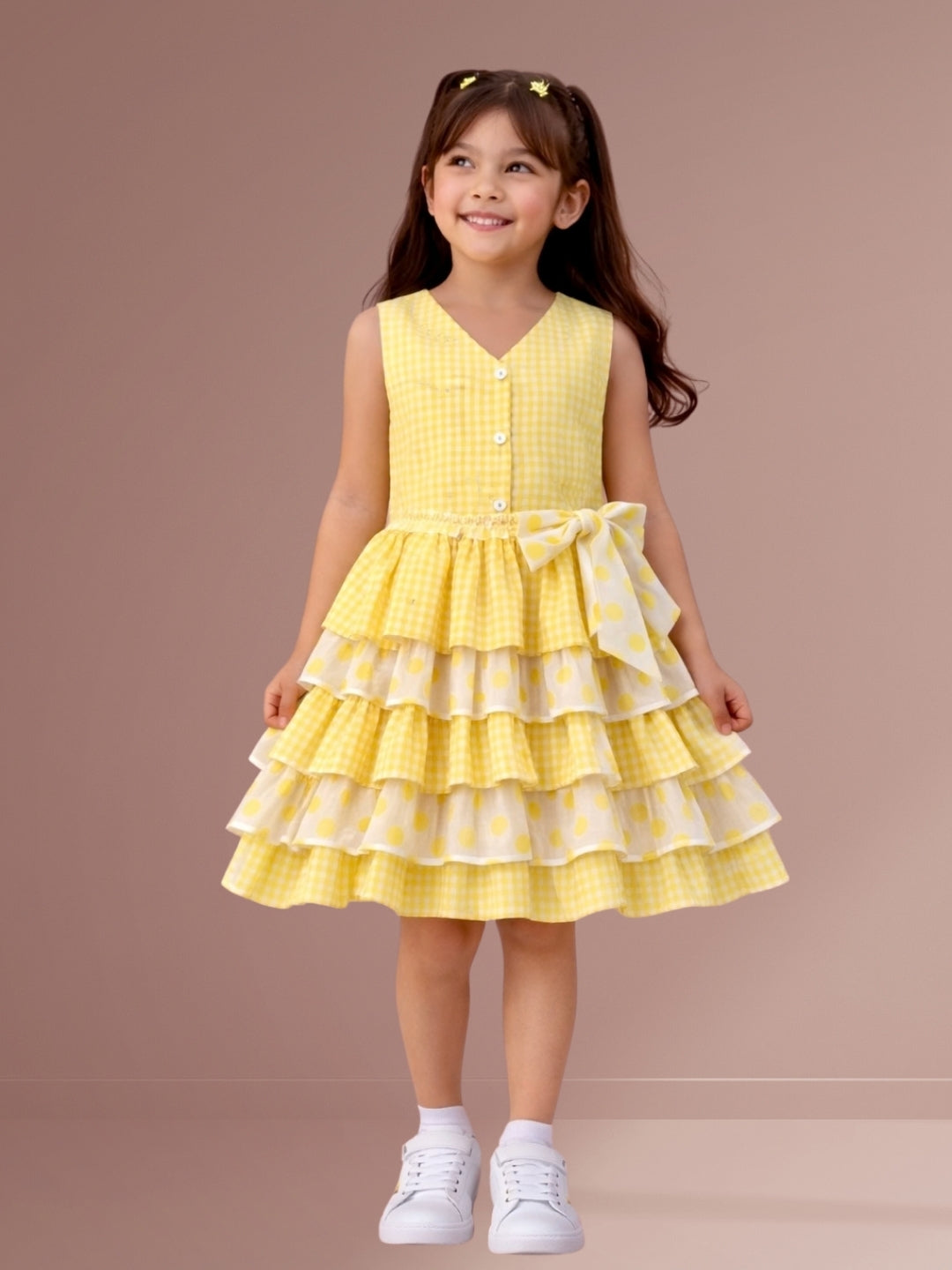 Girls Designer Cotton Checks Top With Printed Skirt