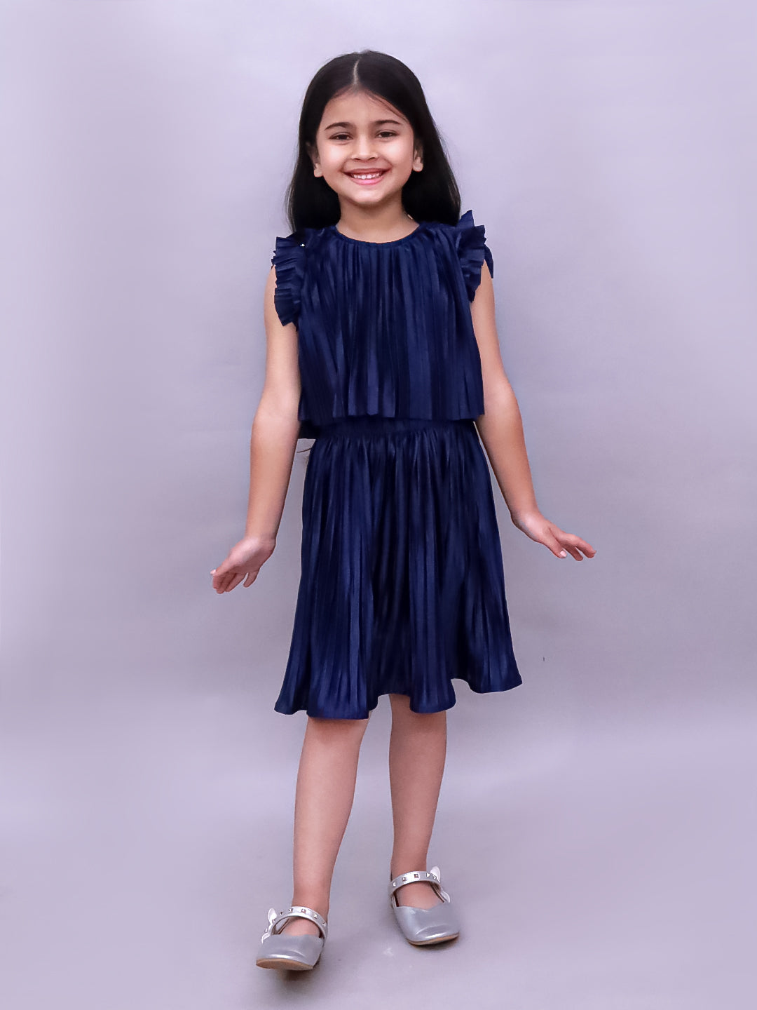Kids Stylish Frill Sleeve Top And Pleated Skirt