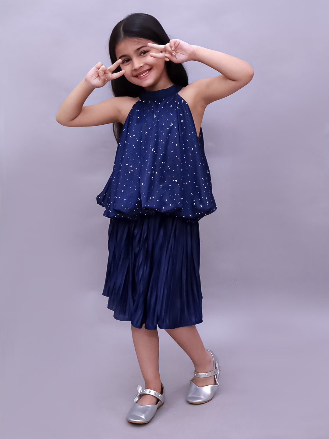 Kids Poly Knit Balloon Top And Pleated Skirt Set