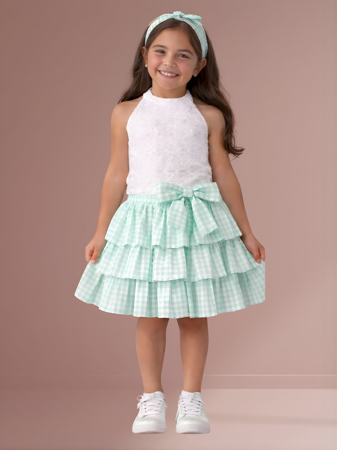 Girls Trendy Cotton Sleeveless Top And Layered Skirt Set