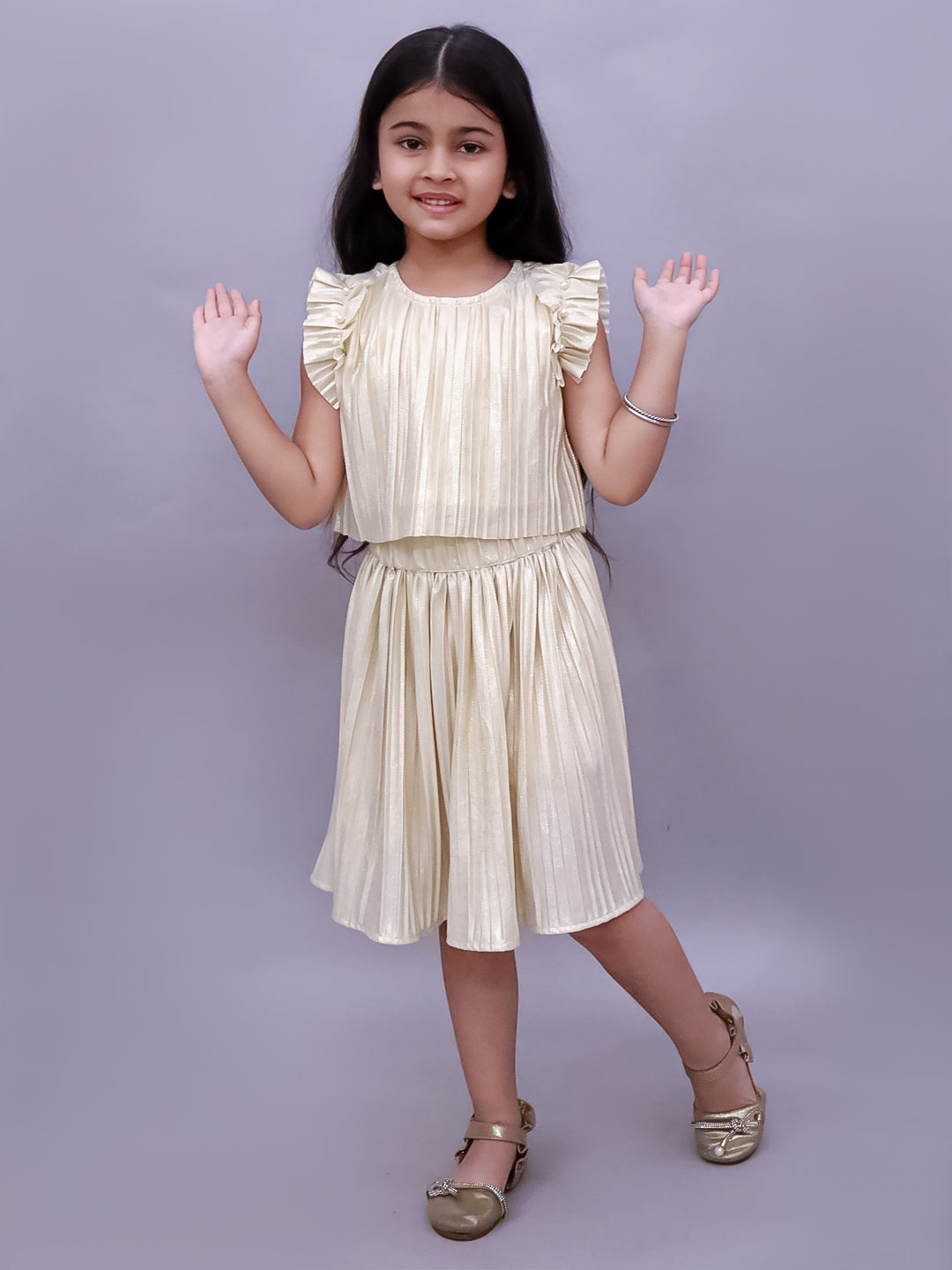 Girls Pleated Knit Top With Skirt Set