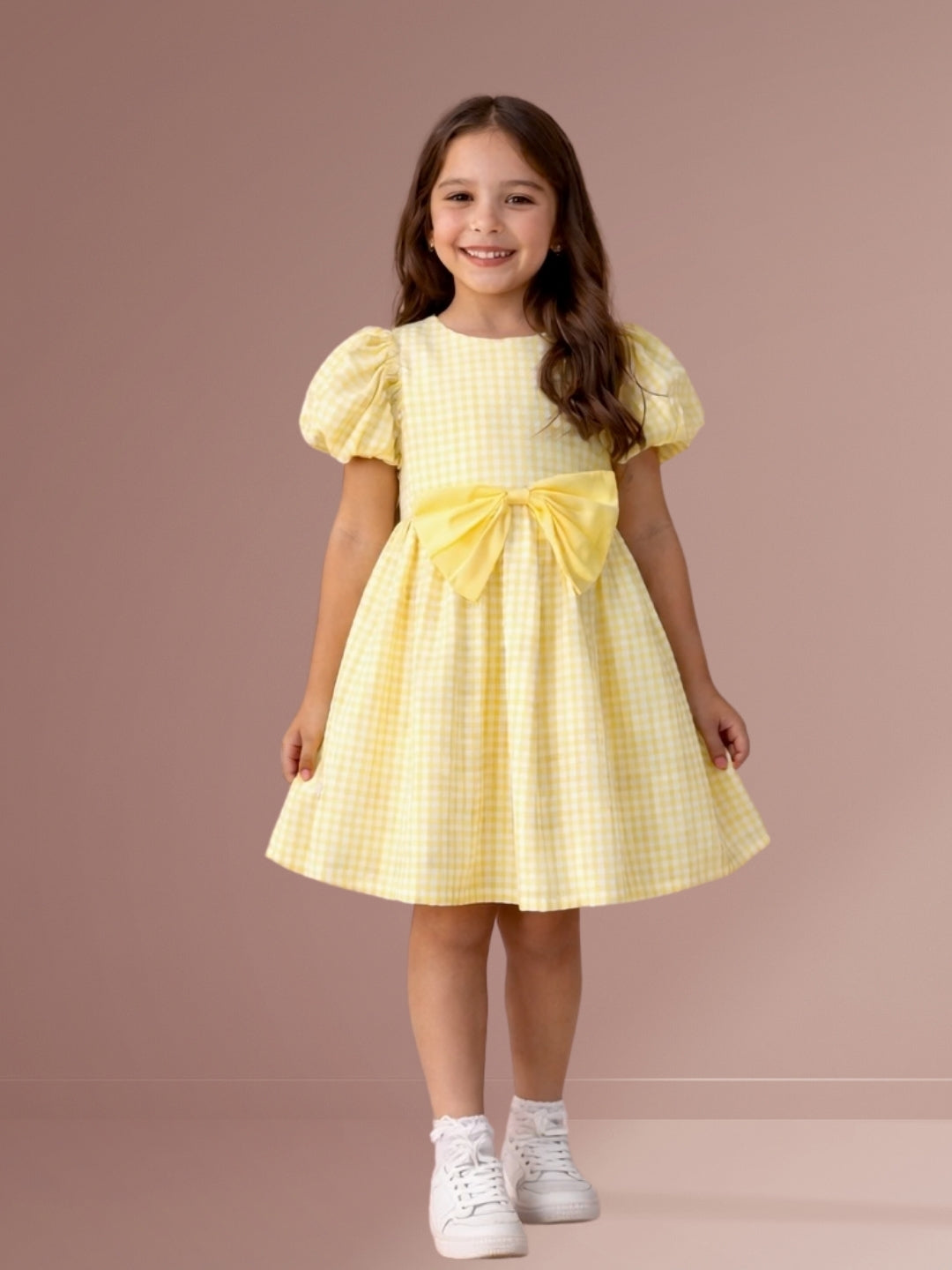 Girls Cotton Short Sleeve Check Print Bow Dress