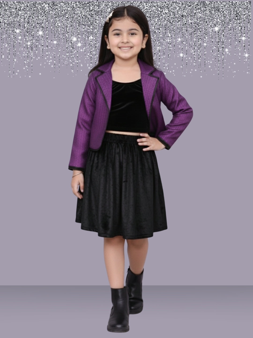 Girls Traditional Jacquard Full Sleeve Jacket Velvet Skirt Dress