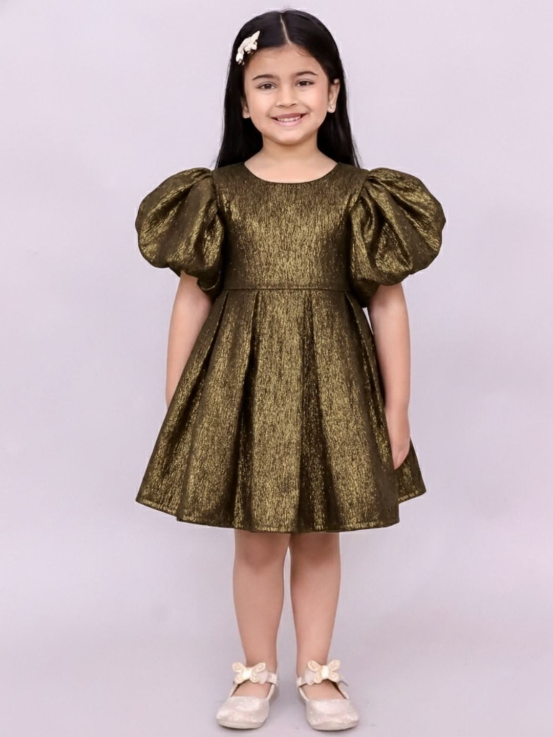 Girls Jacquard Puff Sleeve Solid Occasion Wear Dress
