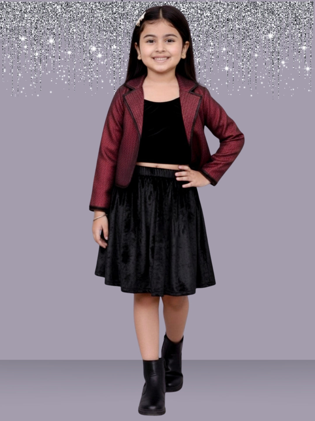 Girls Traditional Jacquard Full Sleeve Jacket And Velvet Skirt Outfit