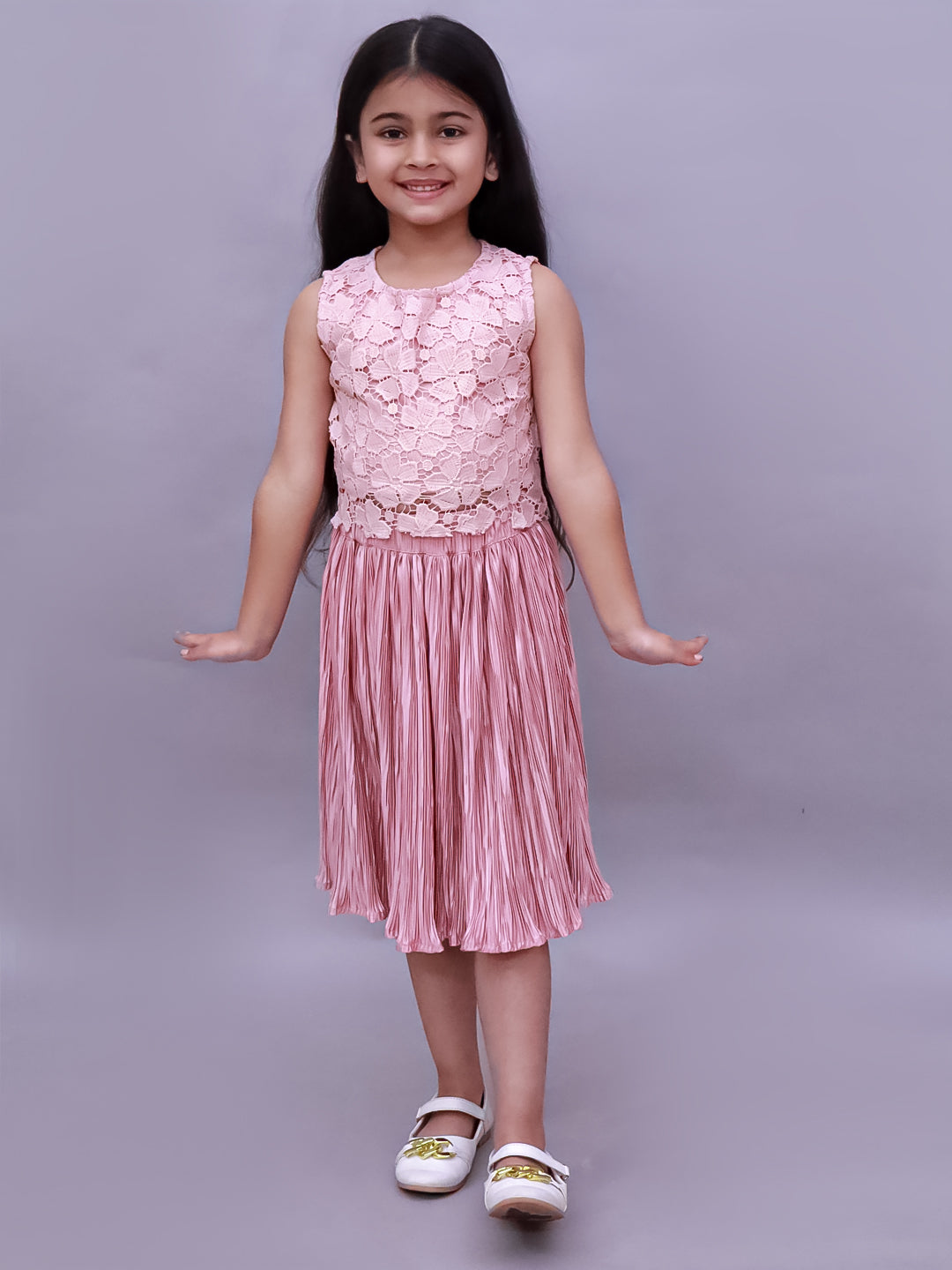 Girls Designer Sleeveless Lace Top AndPleated Skirt