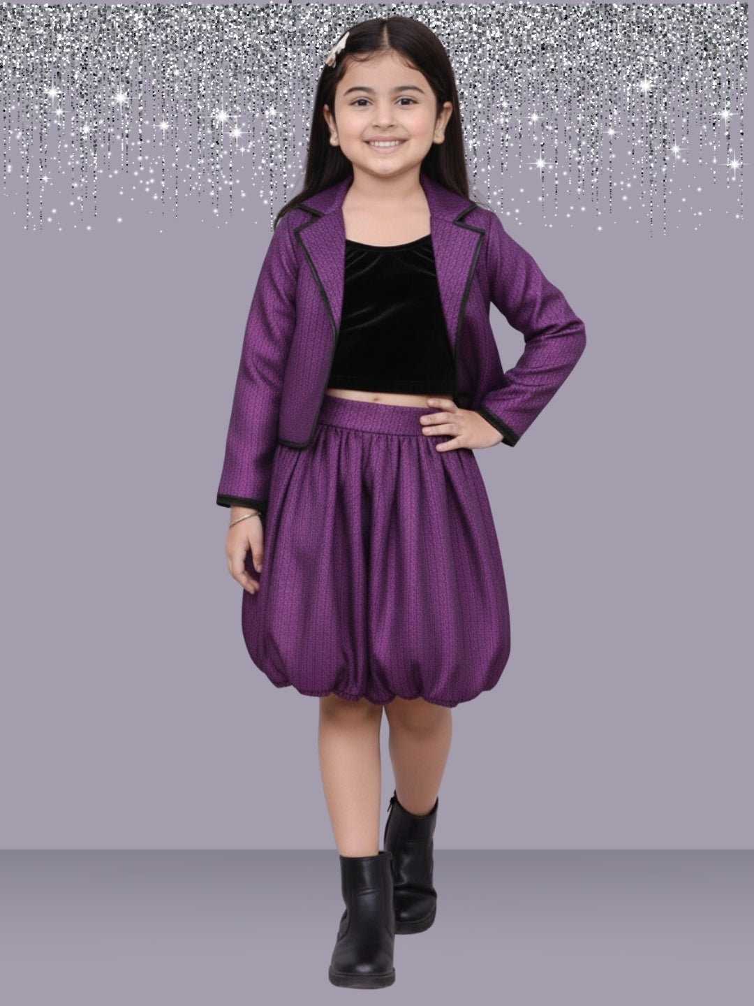 Girls Jacquard Full Sleeve Solid Jacket And Skirt Set