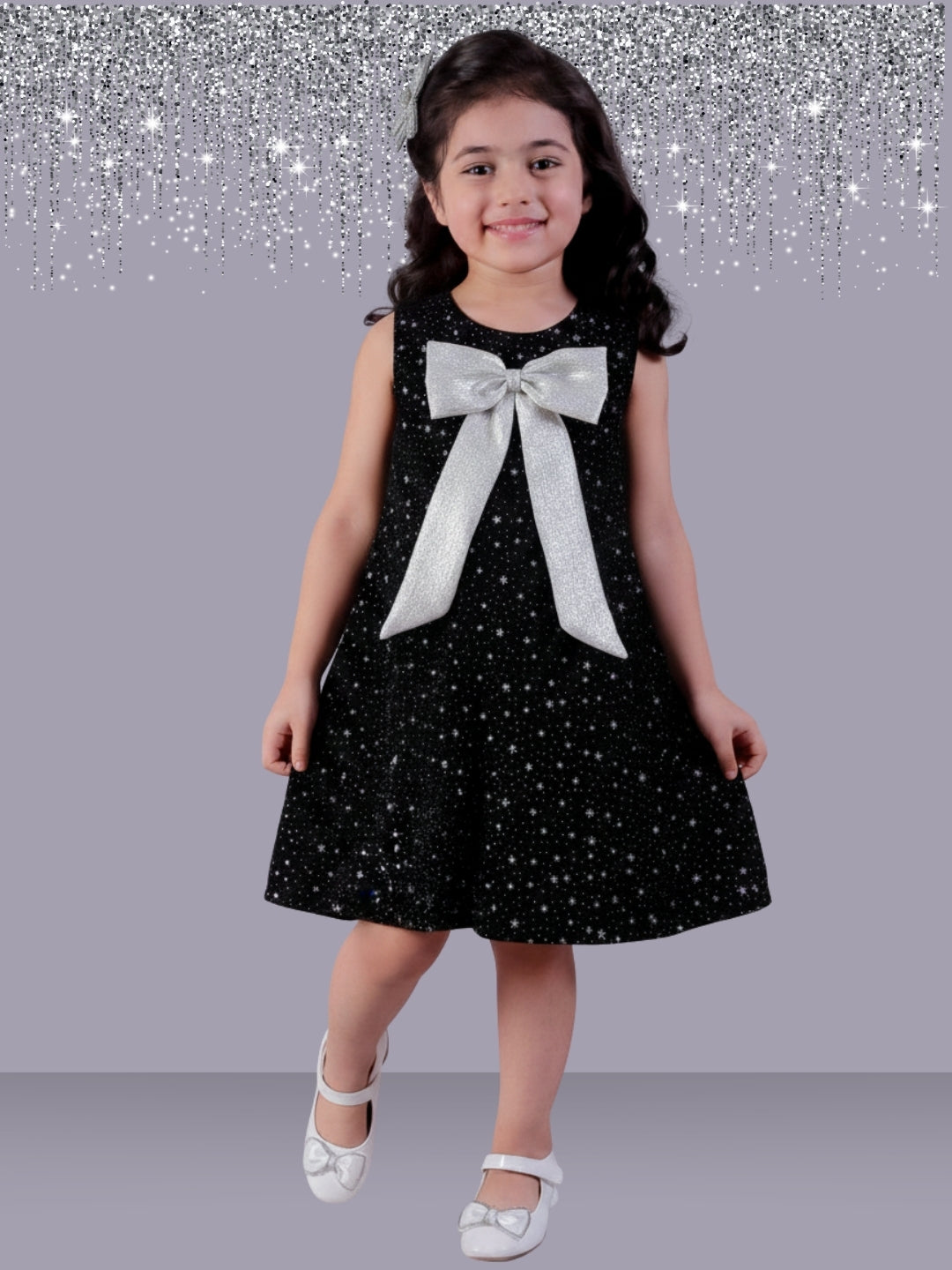 Girls Velvet Sleeveless Star Print Dress With Silver Bow