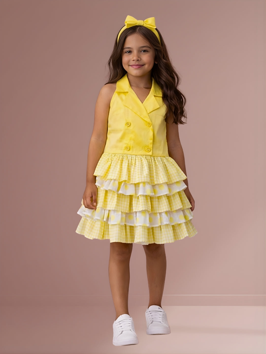 Girls Trendy Checks Top & Layered Printed Skirt Co-Ord