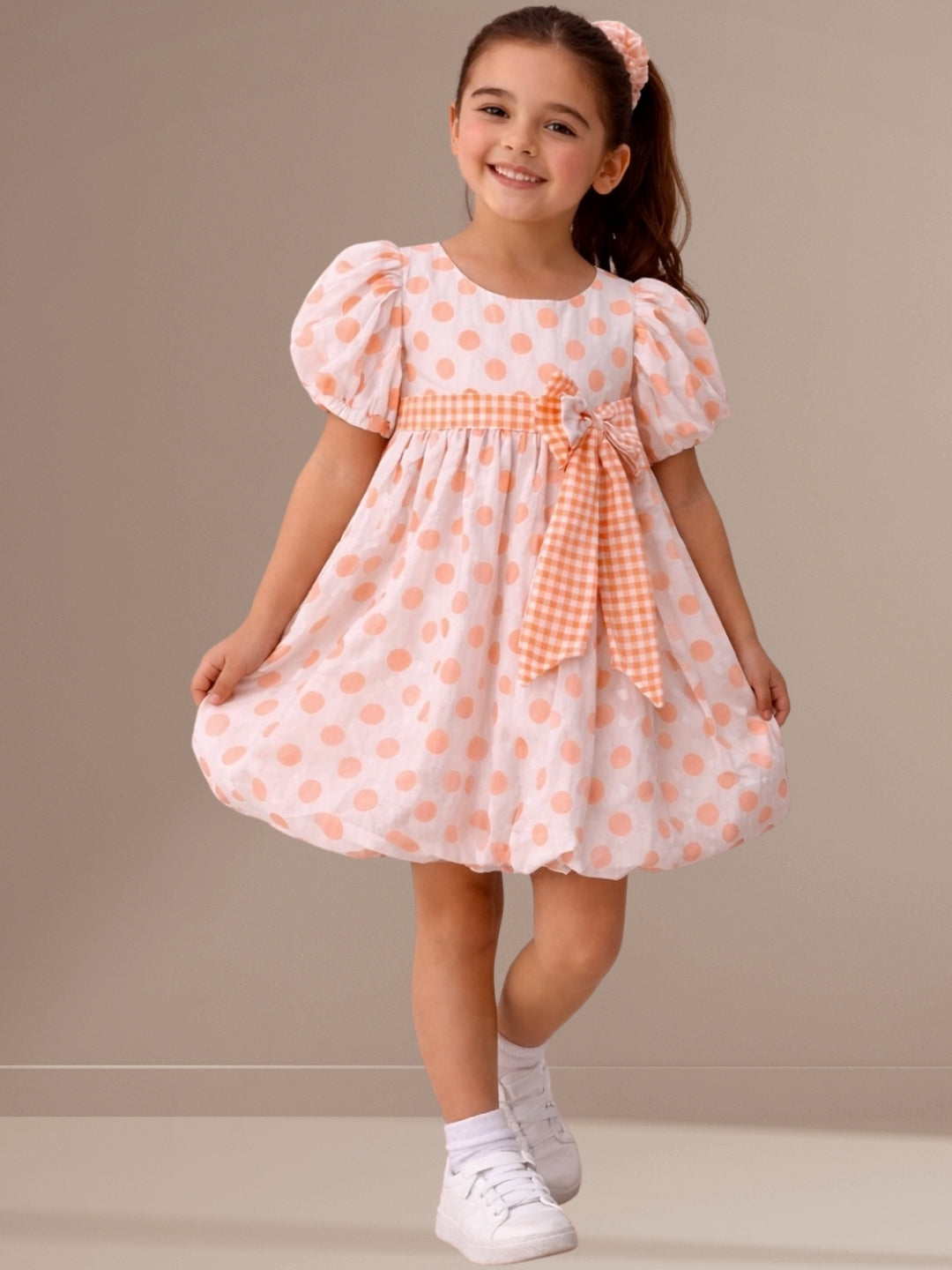 Girls Designer Polka Dot Print Dress With Bow
