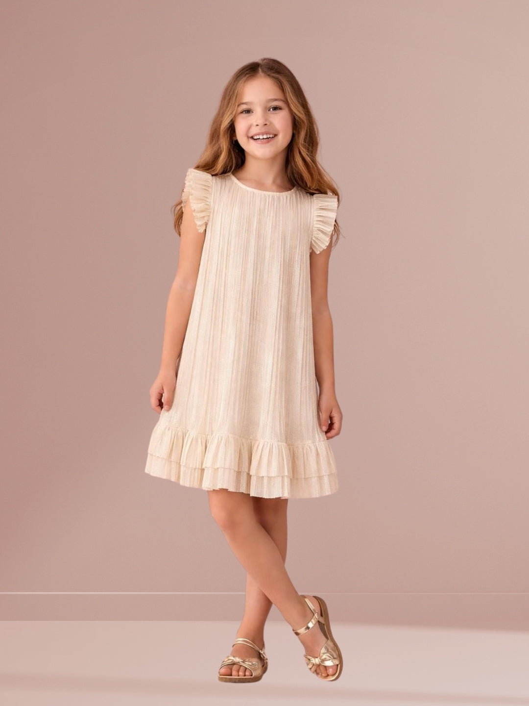 Girls Poly Knit Pleated Sleeveless Solid Dress