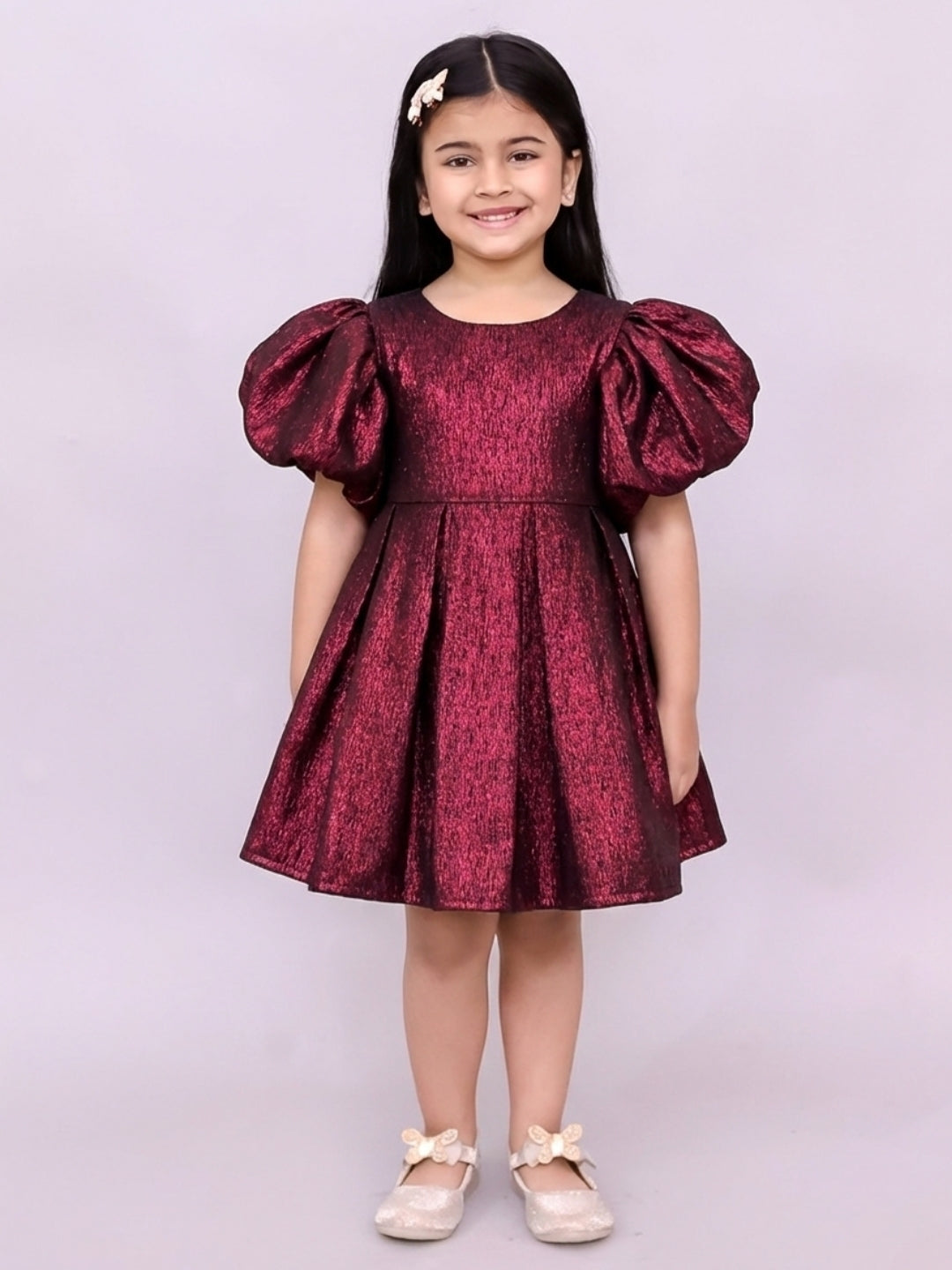 Girls Charming Jacquard Puff Sleeves Designer Dress