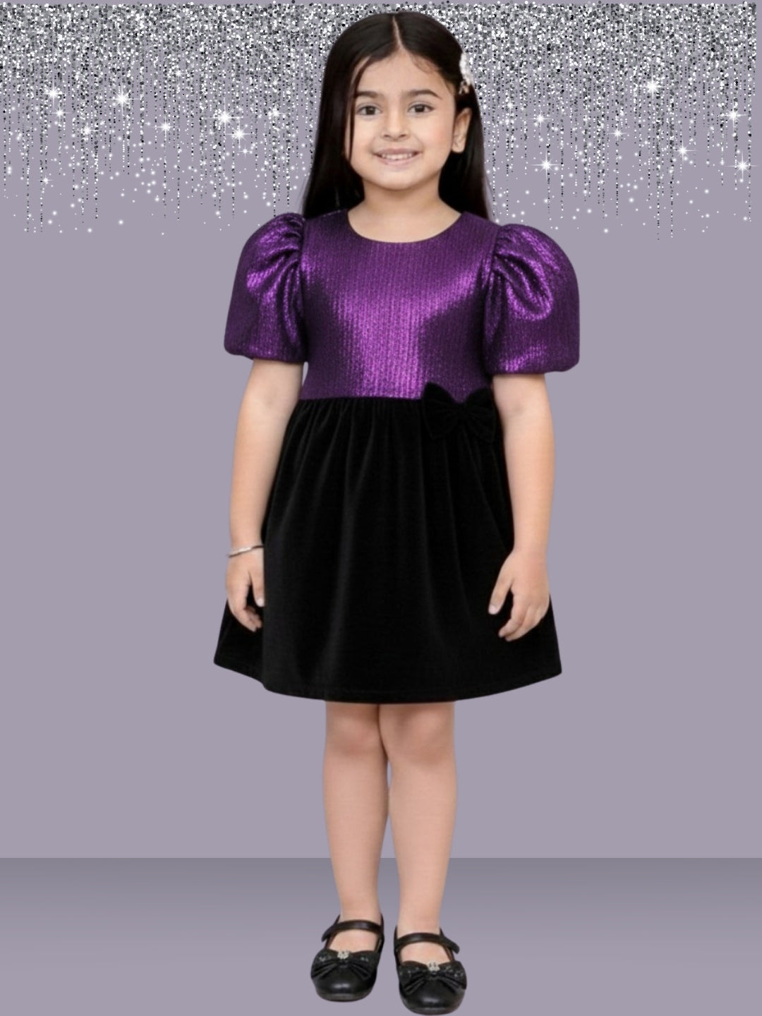 Kids Jacquard Puff Sleeve Top With Velvet Bow Skirt