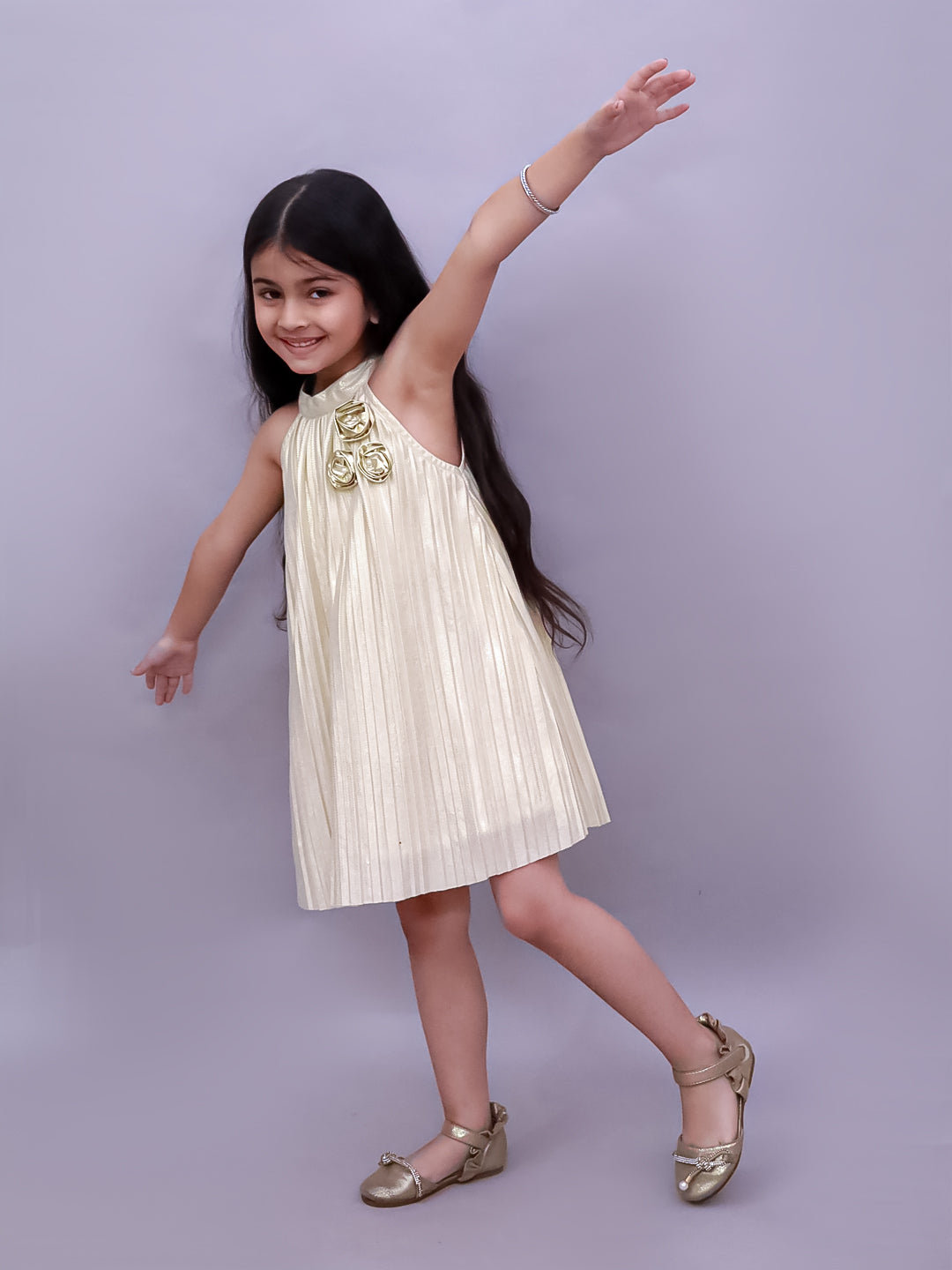 Kids Trendy Sleeveless 3D Floral Pleated Dress