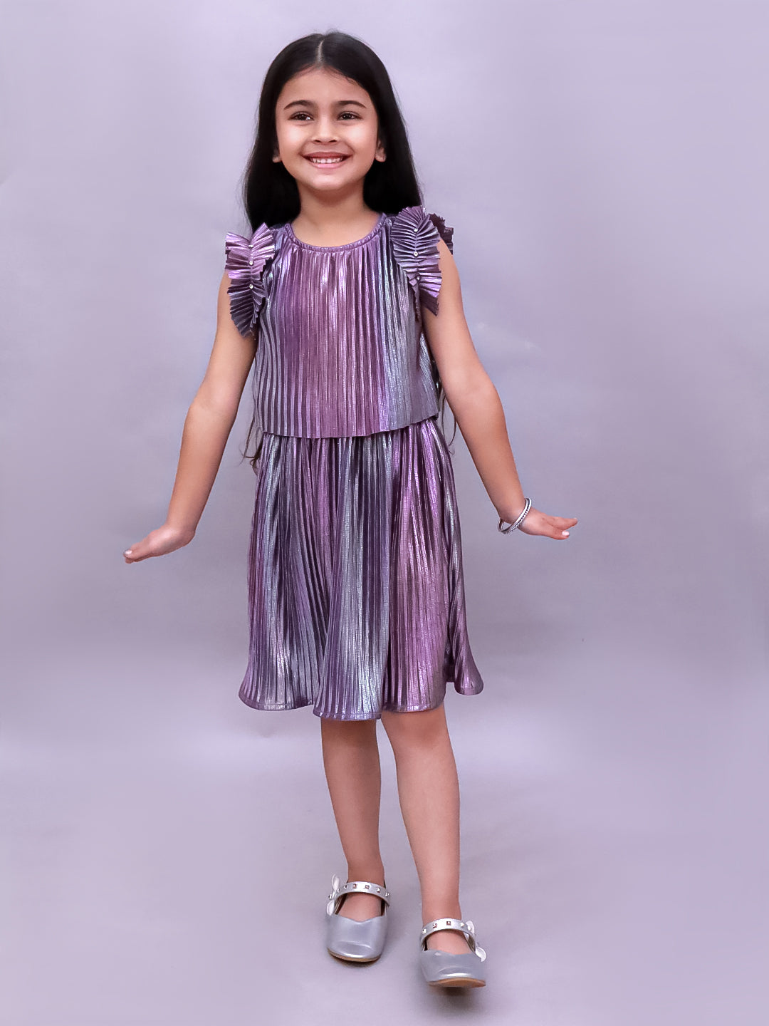 Kids Poly Knit Frill Sleeves Pleated Top And Skirt