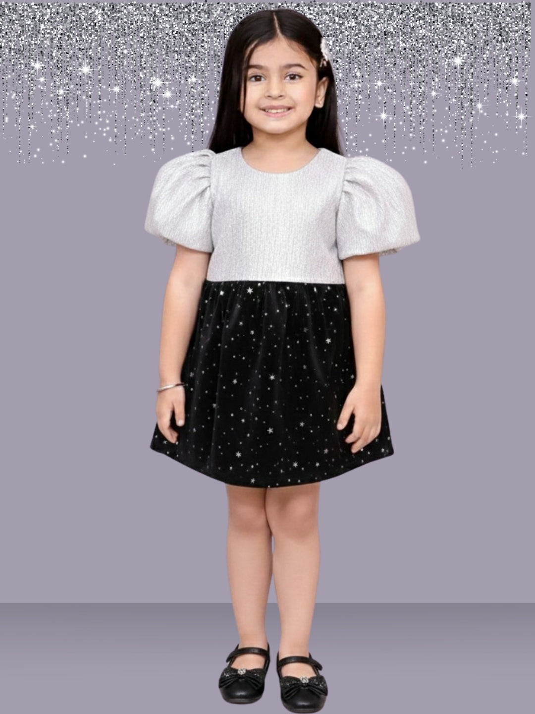 Girls Stylish Puff Sleeve Jacquard Top With Printed Skirt