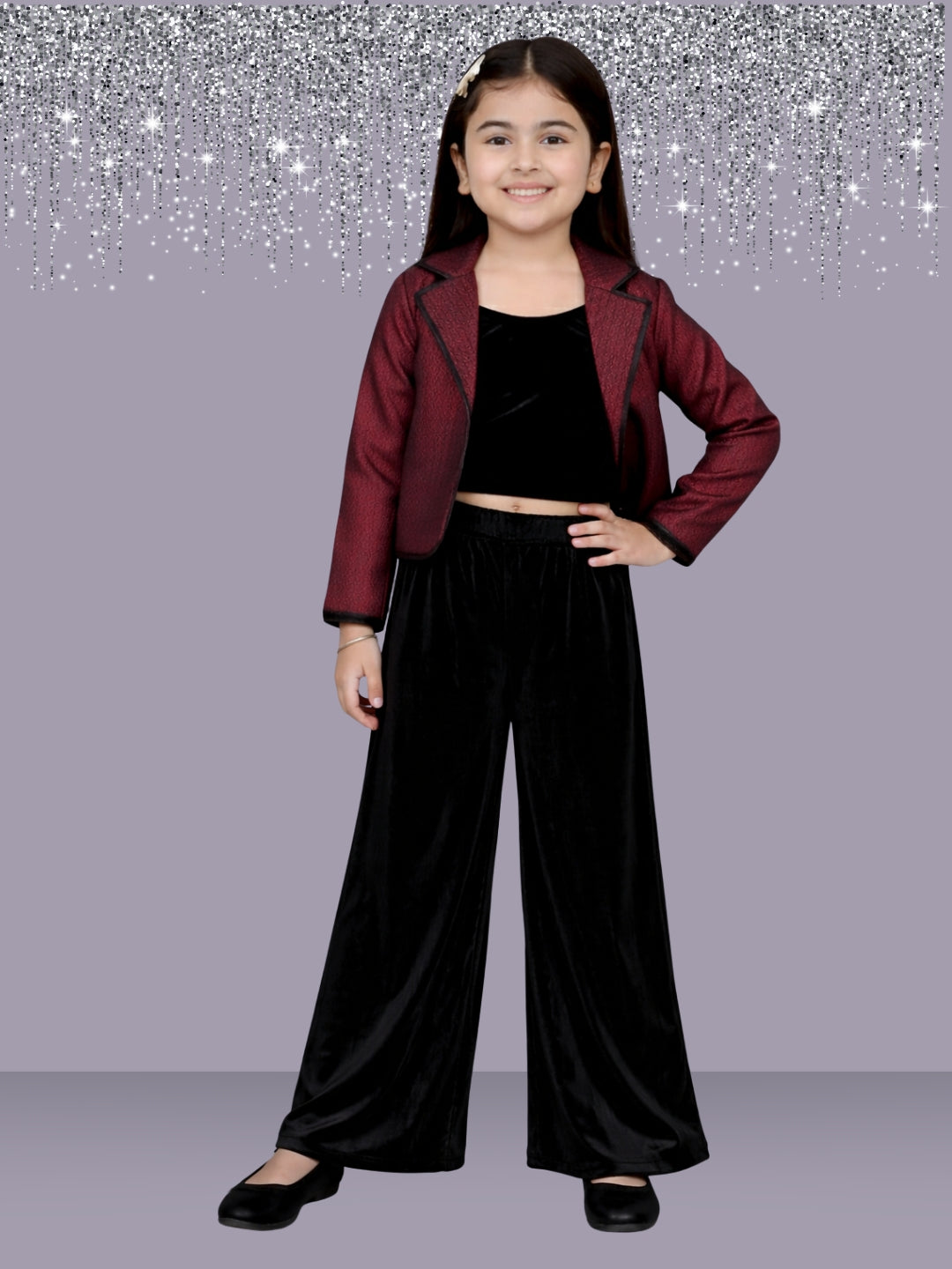 Kids Stylish Jacquard Jacket With Velvet Pant And Top Party Wear Set