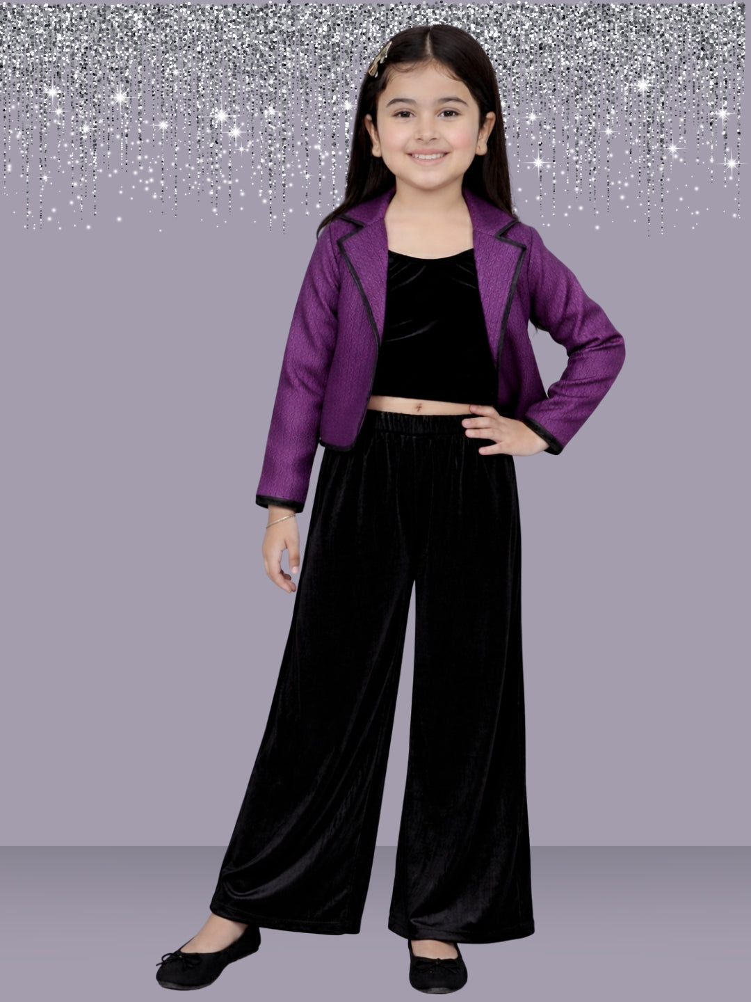 Girls Party Wear Jacquard Full Sleeves Jacket With Velvet Pant And Top