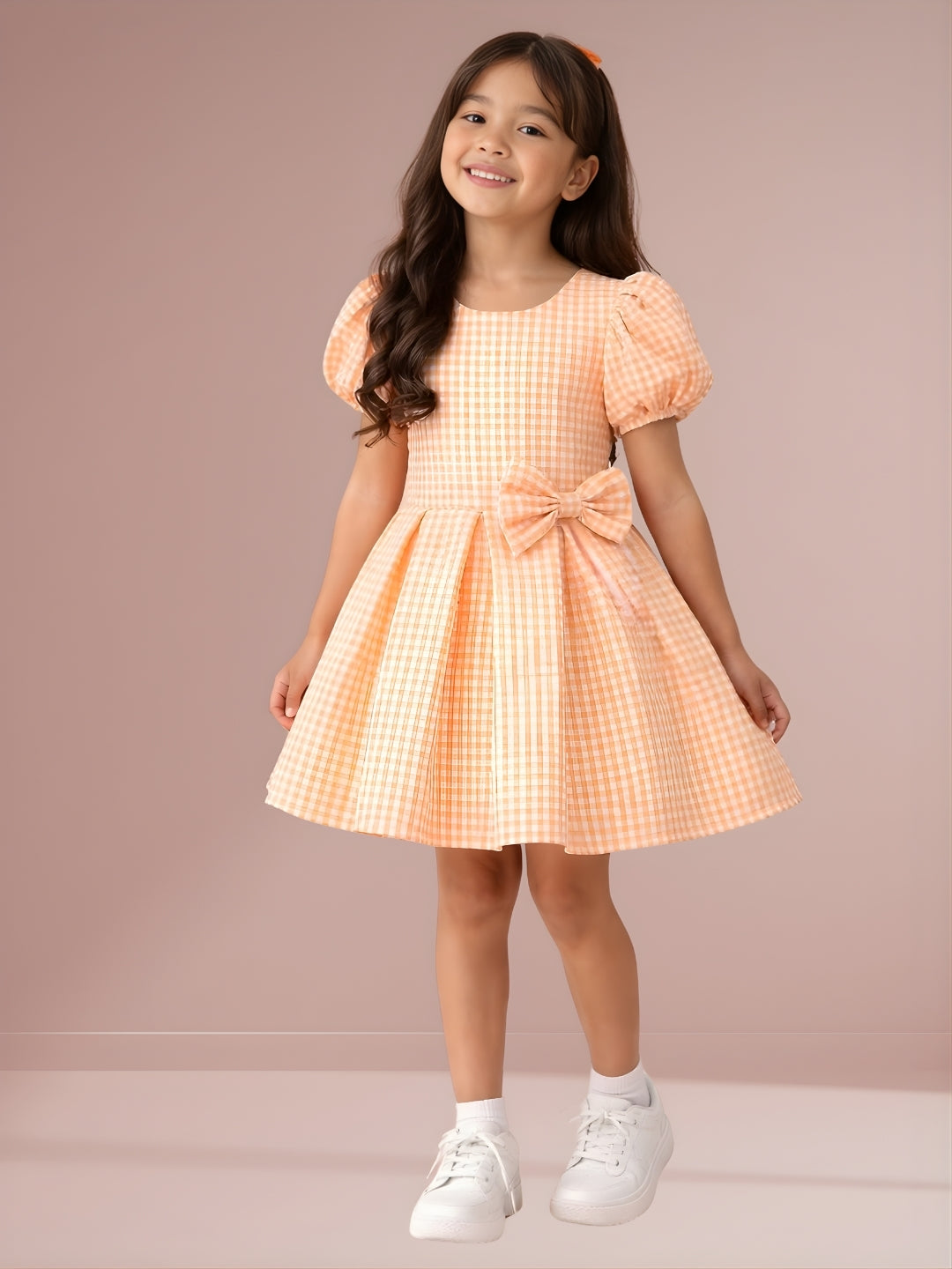 Girls Designer Check Print Short Sleeve Dress With Bow