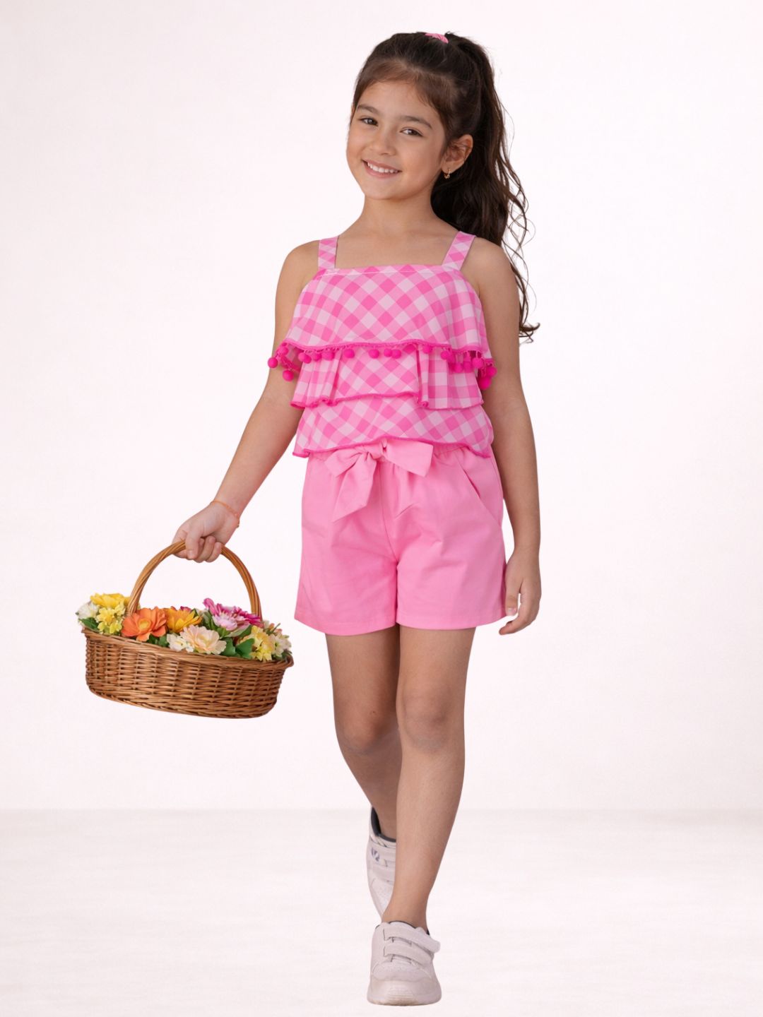 Girls Designer Georgette Sleeveless Top With Solid Shorts