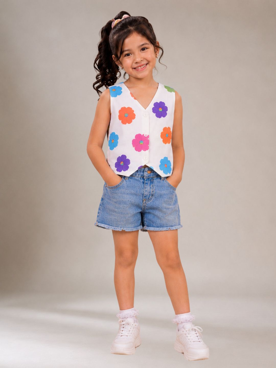 Trendy Floral Cotton Sleeveless Top For Kids