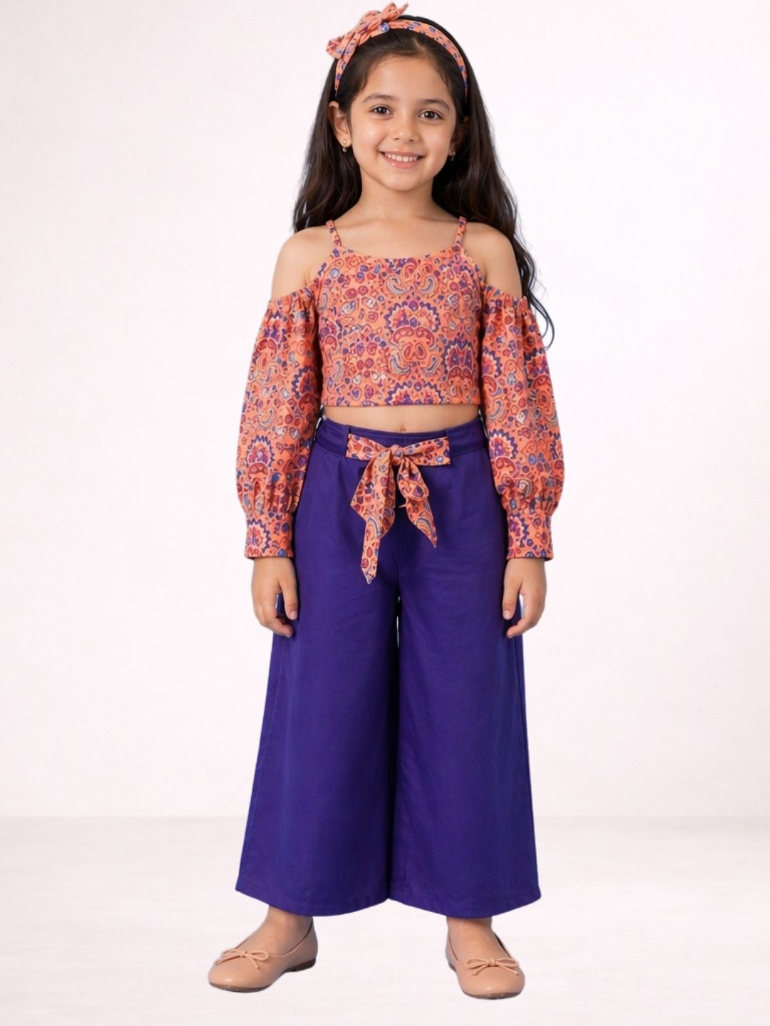Girls Rayon Full Sleeve Printed Crop Top Pant Set