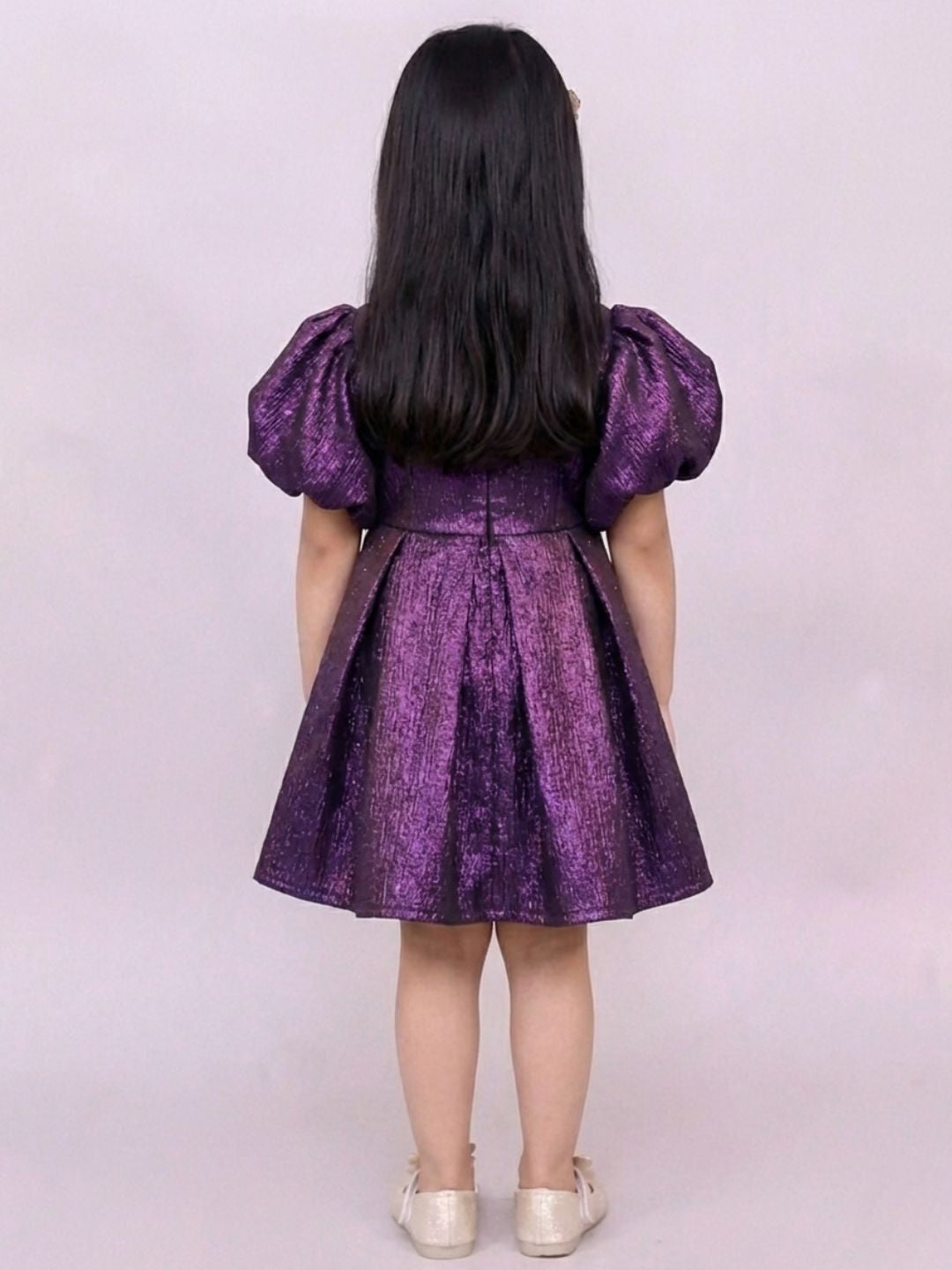 Girls Stylish Jacquard Puff Sleeves Celebration Dress