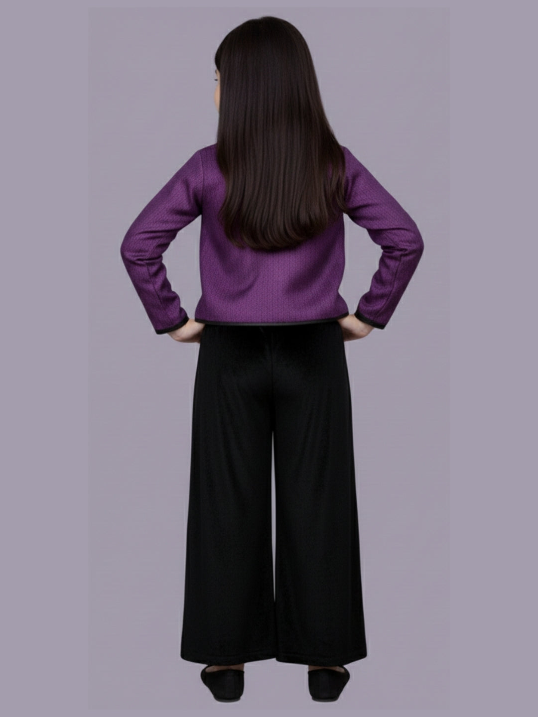 Girls Party Wear Jacquard Full Sleeves Jacket With Velvet Pant And Top