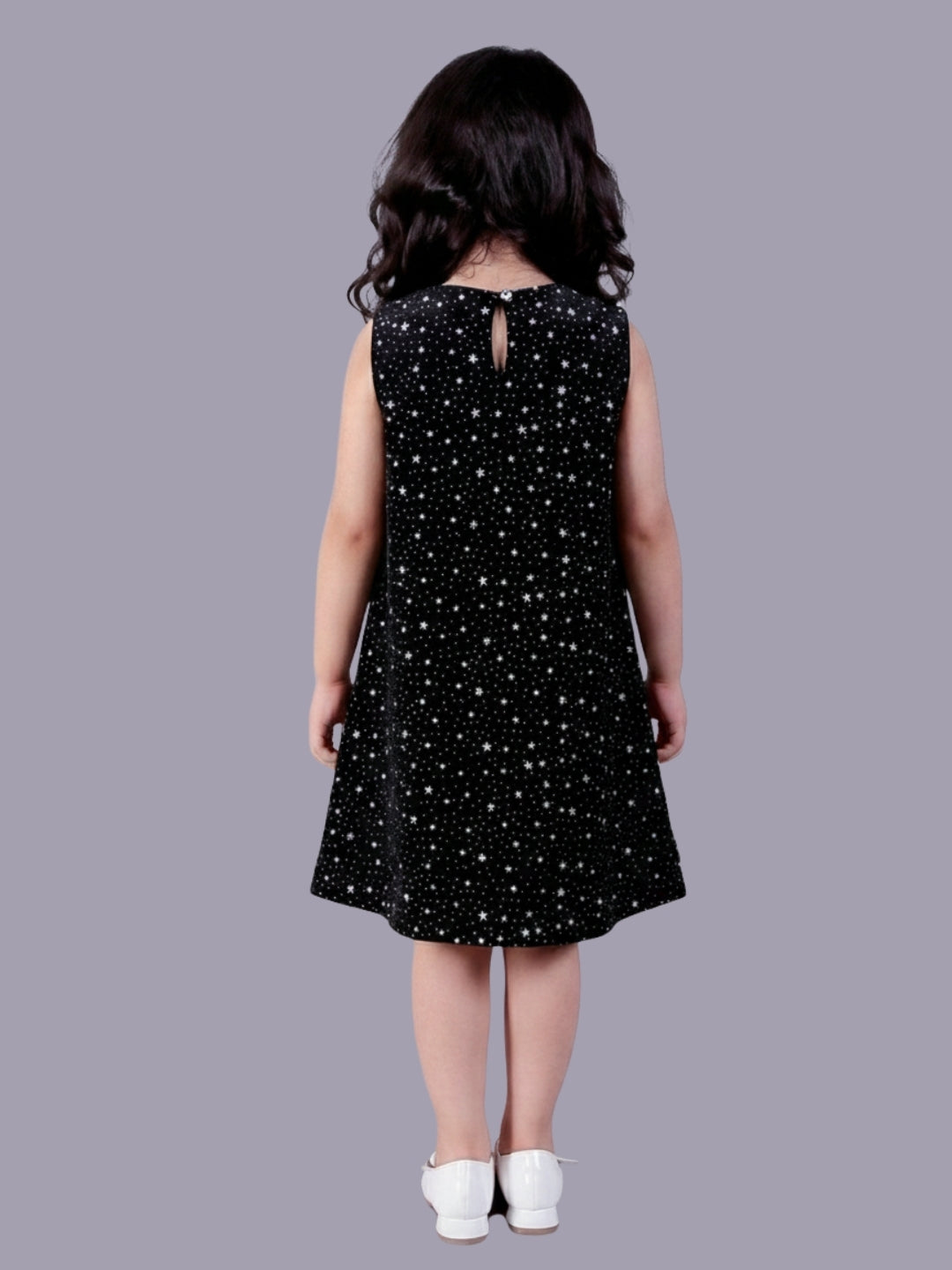 Girls Velvet Sleeveless Star Print Dress With Silver Bow